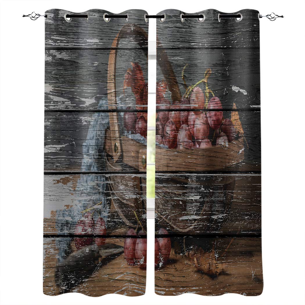 Blackout Curtains for Bedroom - 52x52 Inch Room Darkening Window Curtains with Grape & Fruit Basket Art Design, Grommet Top Panels (Set of 2) - Perfect for Nursery, Home Theater & Light Sleepers