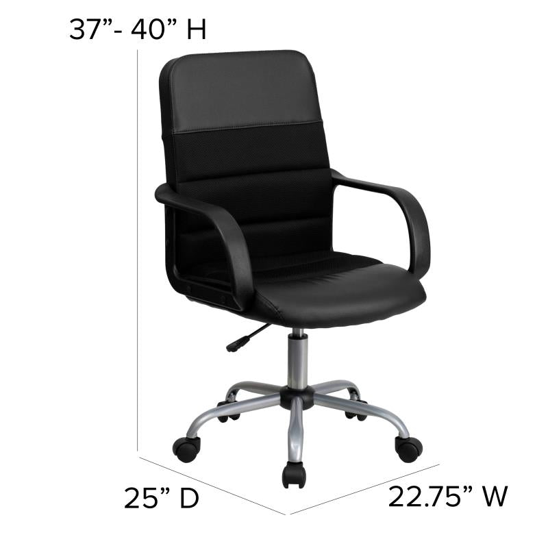 FLASH Manor Mid Back Black Leather and Mesh Swivel Task Office Chair with Arms - Ergonomic Desk Chair for Home Office, Gaming & Workspace Comfort