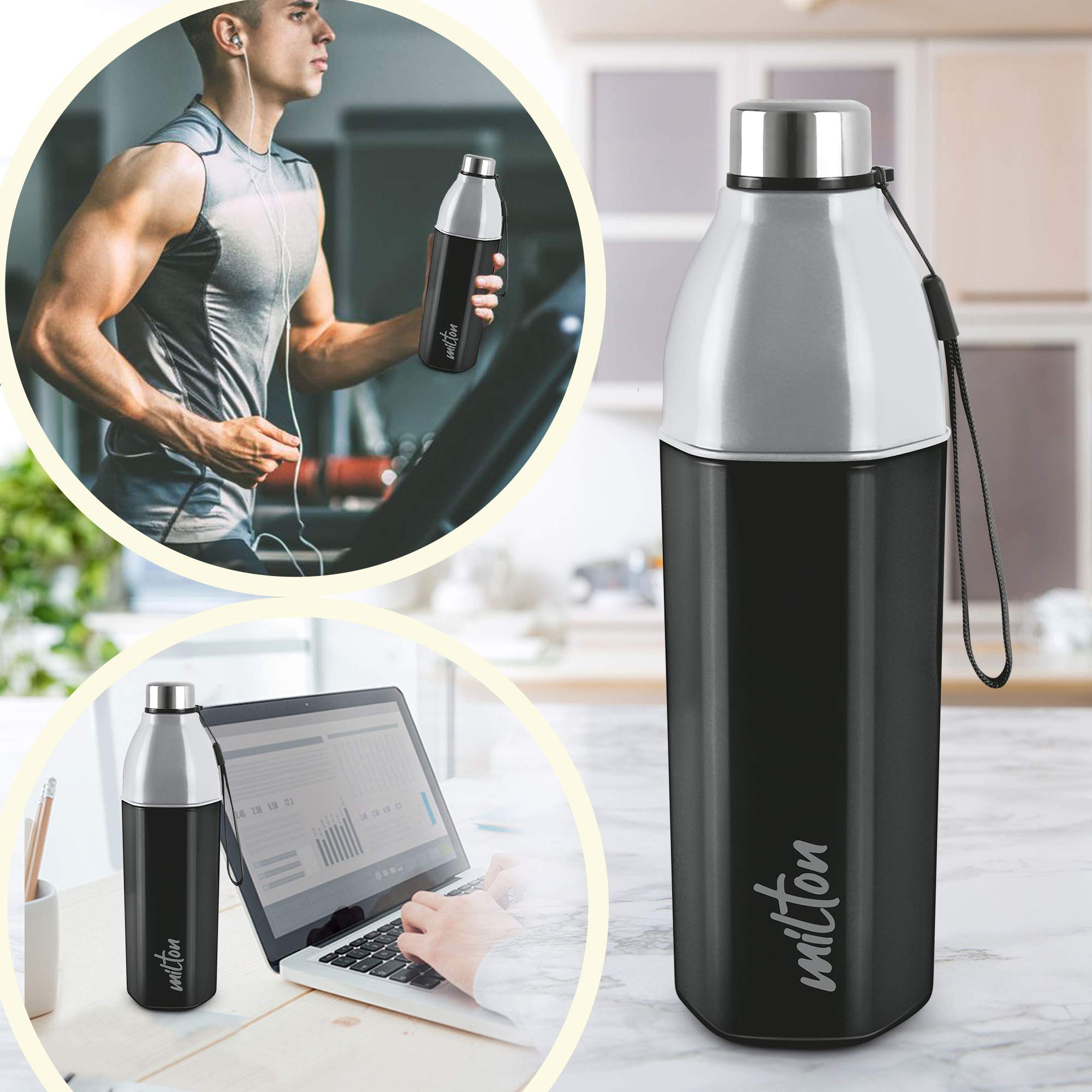 Milton Kool Hexone 1200 PU Insulated Water Bottle - 1.12L Leak Proof & BPA Free Stainless Steel Thermos - Perfect for Gym, Hiking, Office & Travel Accessories - Keeps Drinks Hot/Cold for Hours (Black)