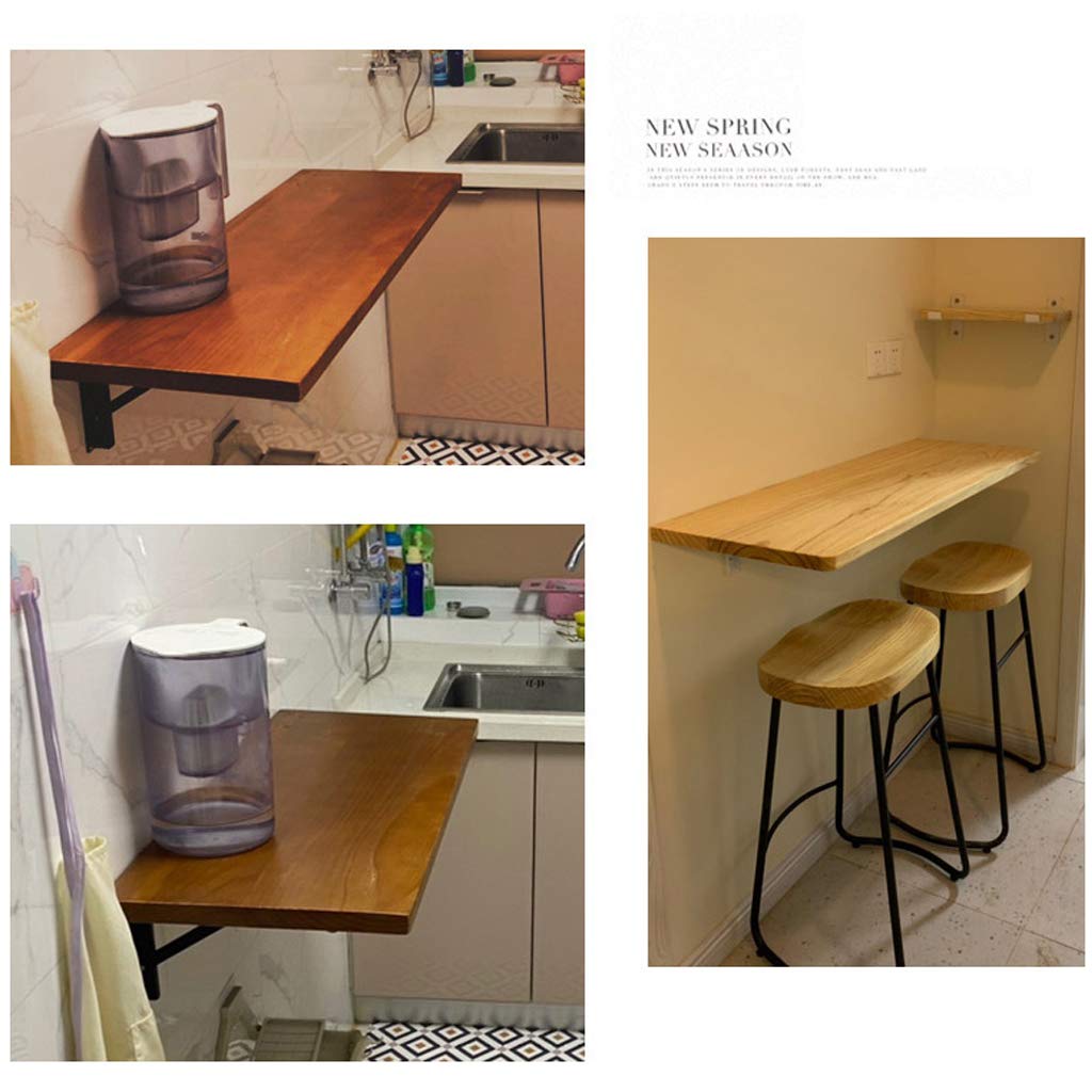 Solid Wood Wall-Mounted Folding Desk - American Country Style Kitchen Pub Table with Metal Frame | Space-Saving Computer Desk for Small Apartments, Home Office & Coffee Bars