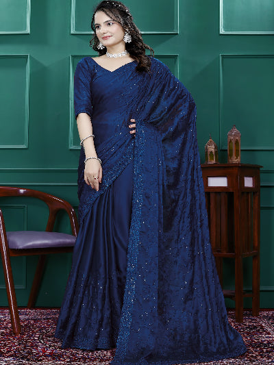 1 Minute Navy Blue Designer Rangoli Silk Ready to Wear Saree - Perfect for Weddings, Parties & Festive Occasions
