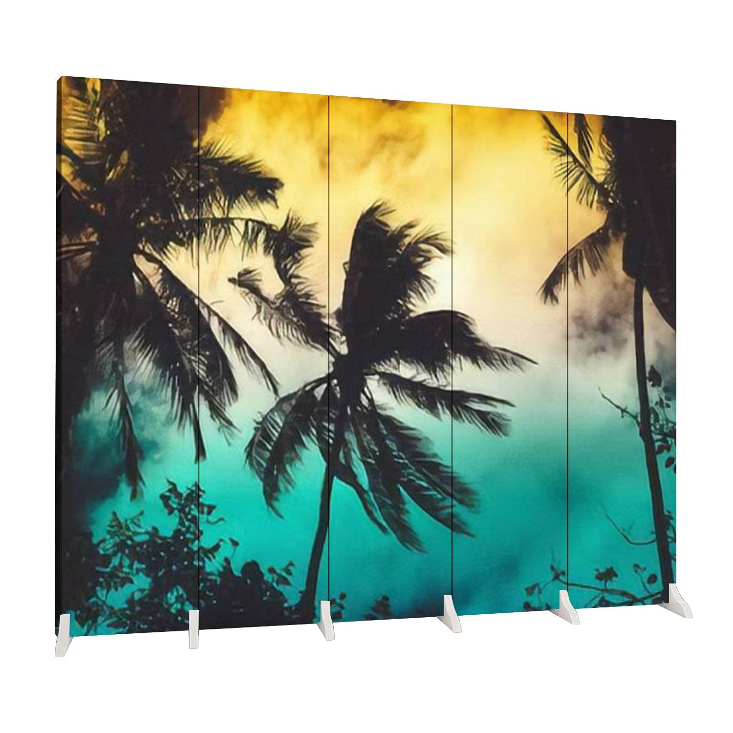 5 Panel Folding Room Divider - Tropical Coconut Palm Tree Sunset Silhouette Design - Freestanding Canvas Privacy Screen for Bedroom, Office & Indoor Spaces - Portable Partition Wall for Home Decor & Space Separation