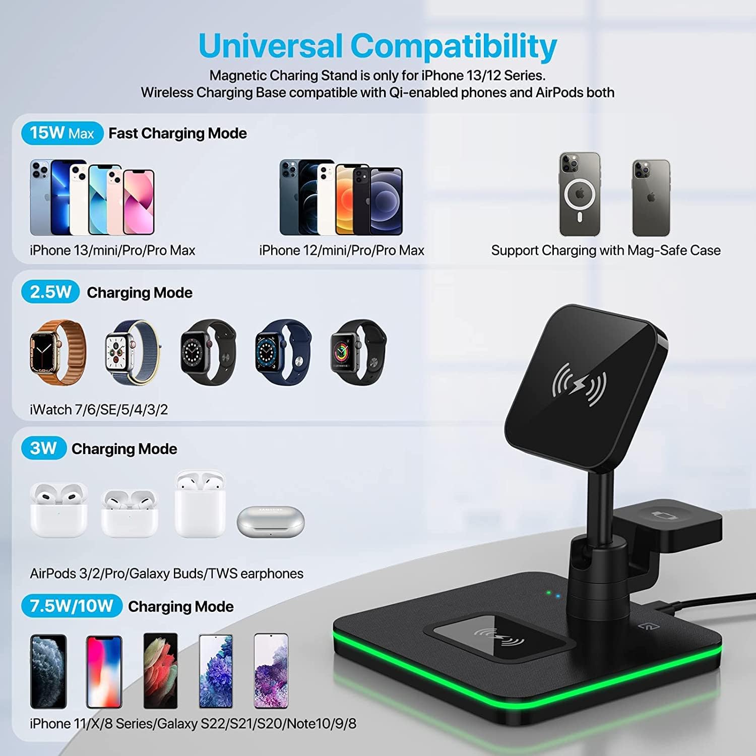 3-in-1 Magnetic Wireless Charger 15W Fast Charging Station for iPhone 16/15/14/13/12/11 Pro Max, Apple Watch Ultra/Series 8/7/6/5/4/3/2/SE & AirPods Pro 3/2 - MagSafe Compatible Charging Pad for Home, Office & Travel