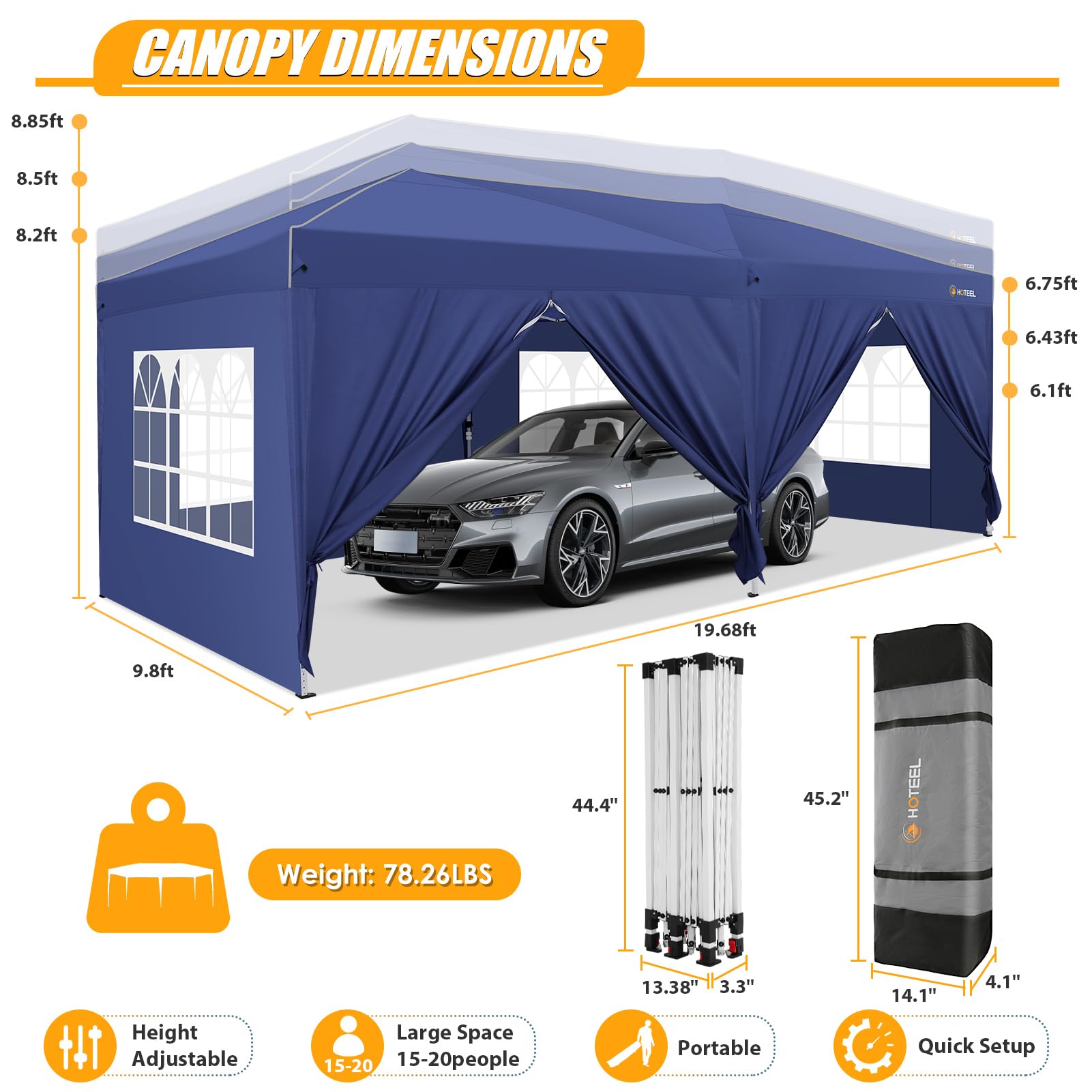 HOTEEL 10x20 Pop Up Canopy Tent with Sidewalls - Waterproof Instant Shelter for Outdoor Events, Easy One-Push Setup with Reinforced Poles & Sandbags - Perfect for Backyard Parties, Camping, Farmers Markets, Festivals (Navy Blue)