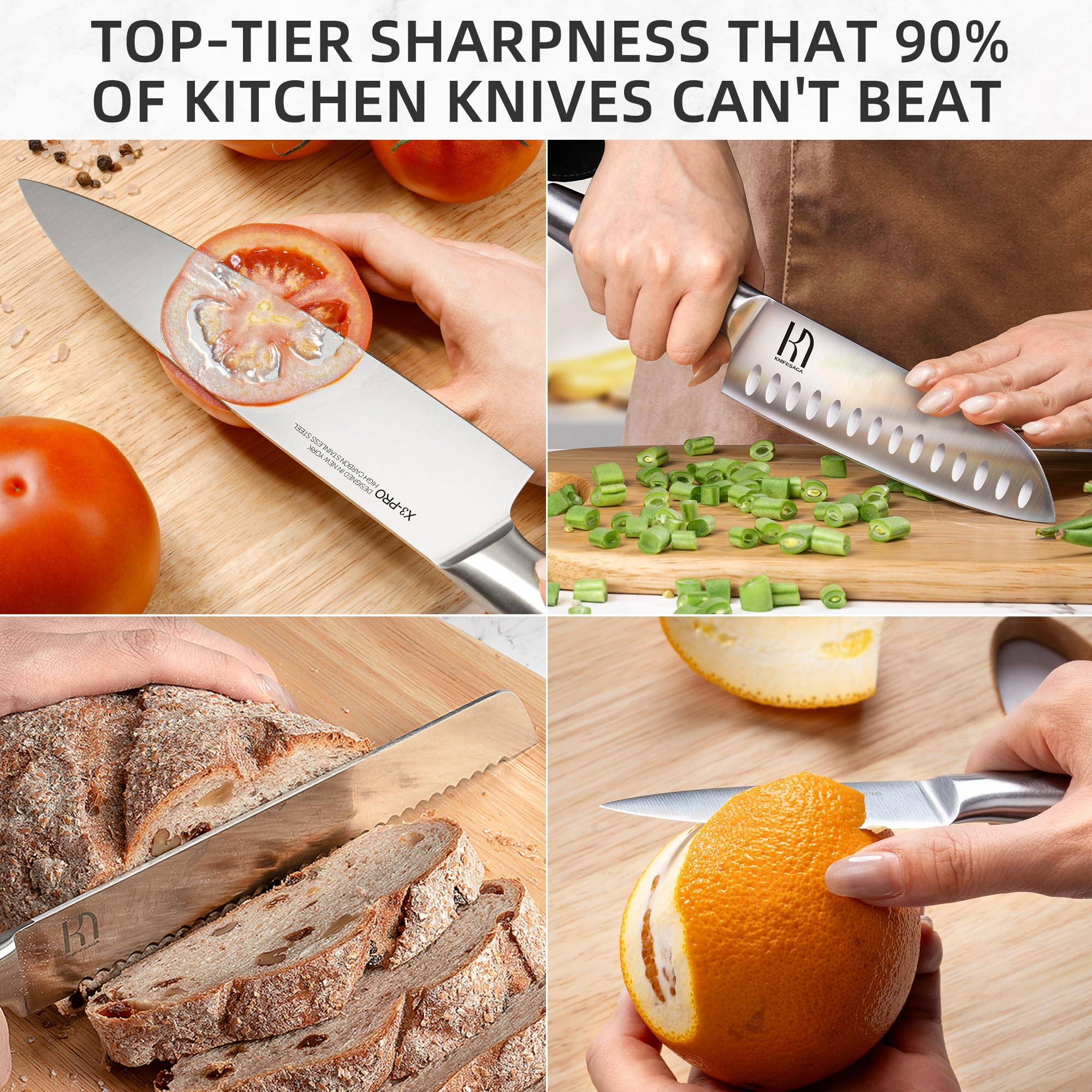 Premium 14-Piece Japanese High Carbon Stainless Steel Knife Set with Block & Built-in Sharpener - UltraSharp Kitchen Knives Including Non-Serrated Steak Knives for Cooking, Slicing, and Food Prep