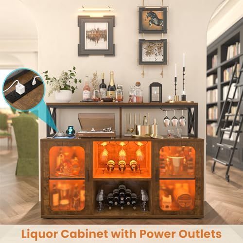 Aheaplus Rustic Brown Bar Cabinet with Power Outlets & LED Lights - Wine & Liquor Storage Cabinet with Glass Holder & Racks - Perfect for Home Bar, Coffee Station & Dining Room Buffet