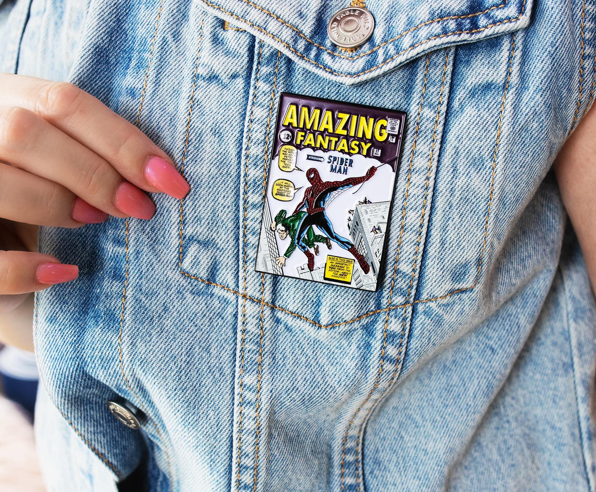 Spider-Man Marvel Comics Enamel Pin - Original Amazing Fantasy Spider-Man Appearance | Exclusive Oversize Collectible Pin for Cosplay, Backpacks & Gifts | SalesOne International, LLC