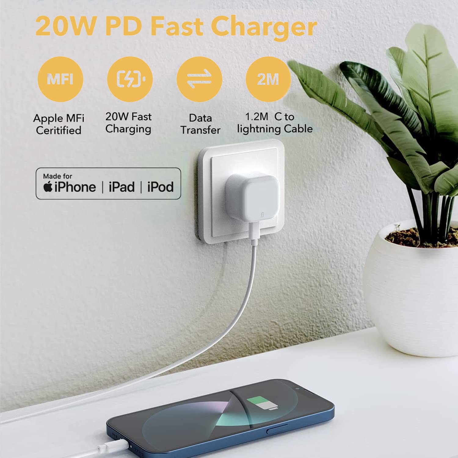 20W USB C Fast Charger for iPhone 14/13/12/11/8/Pro Max/Mini/SE/X/XR/Xs & iPad - Includes 1M Fast Charging Cable & Power Adapter - Quick Charge for Home, Office & Travel