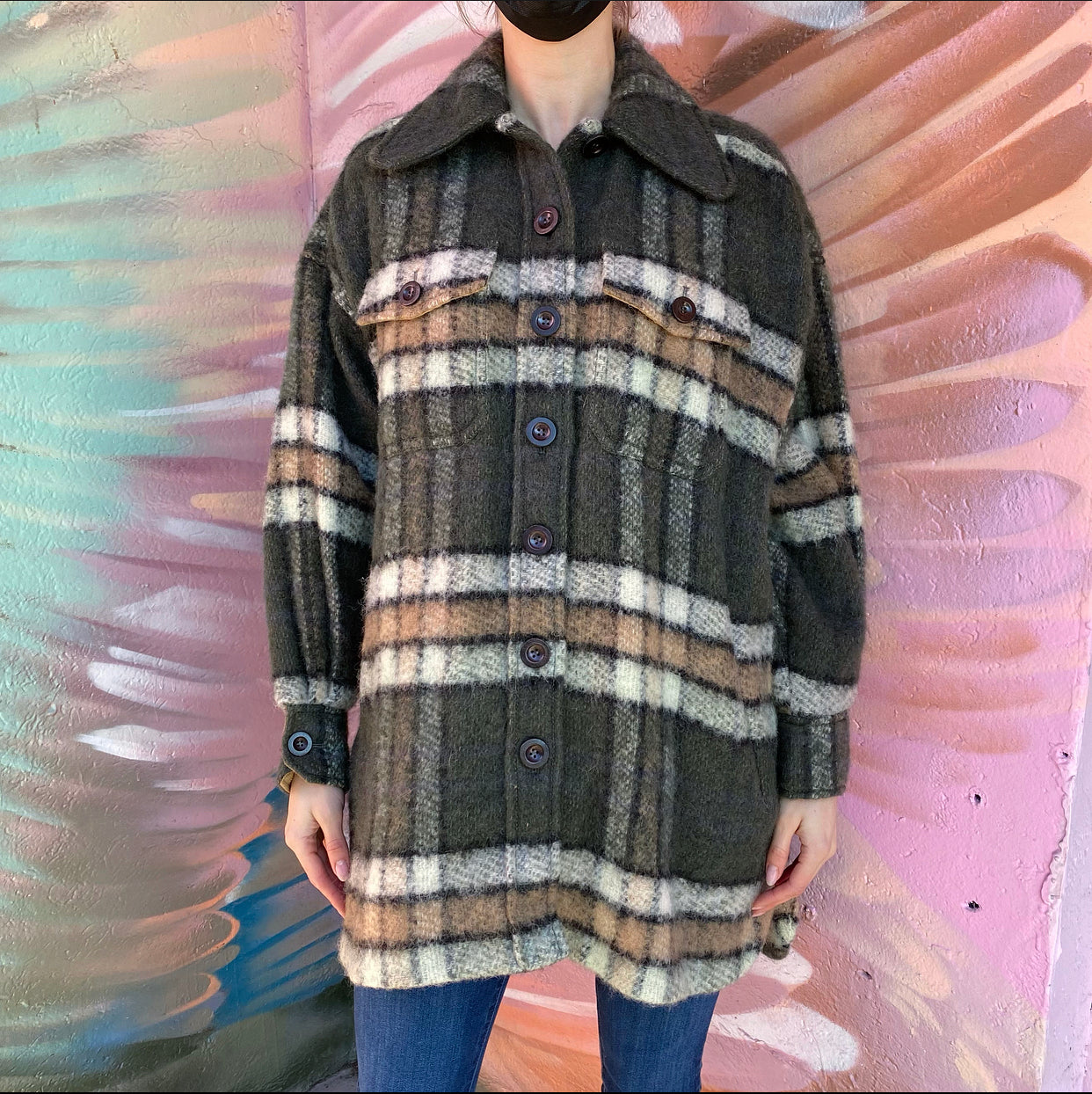 Chloe Dark Green Check Blanket Coat Shacket for Women - XS/S - Warm Plaid Overshirt Jacket for Fall & Winter Fashion, Outdoor Activities and Casual Wear