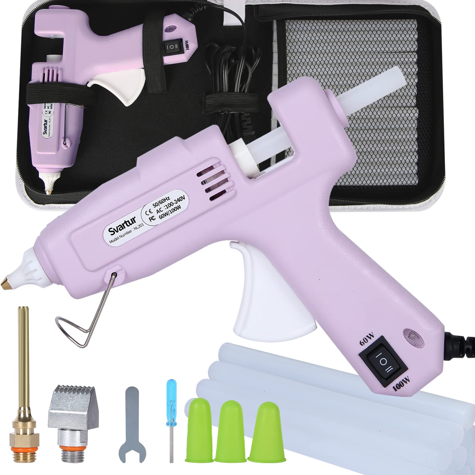 **60W/100W Dual Power Full-Size Hot Glue Gun with 2 Nozzles & 15 Glue Sticks - 9.8ft Extra-Long Cord, High Temp Industrial Glue Gun with ON/OFF Switch & Carrying Case (Purple) - Perfect for DIY Crafts, Home Repairs, Woodworking & Scrapbooking**