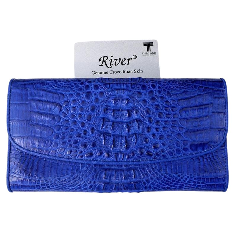 Blue Genuine Crocodile Leather Tri-Fold Women's Wallet - Stylish & Durable RFID Blocking Purse for Everyday Use, Travel & Gift Giving