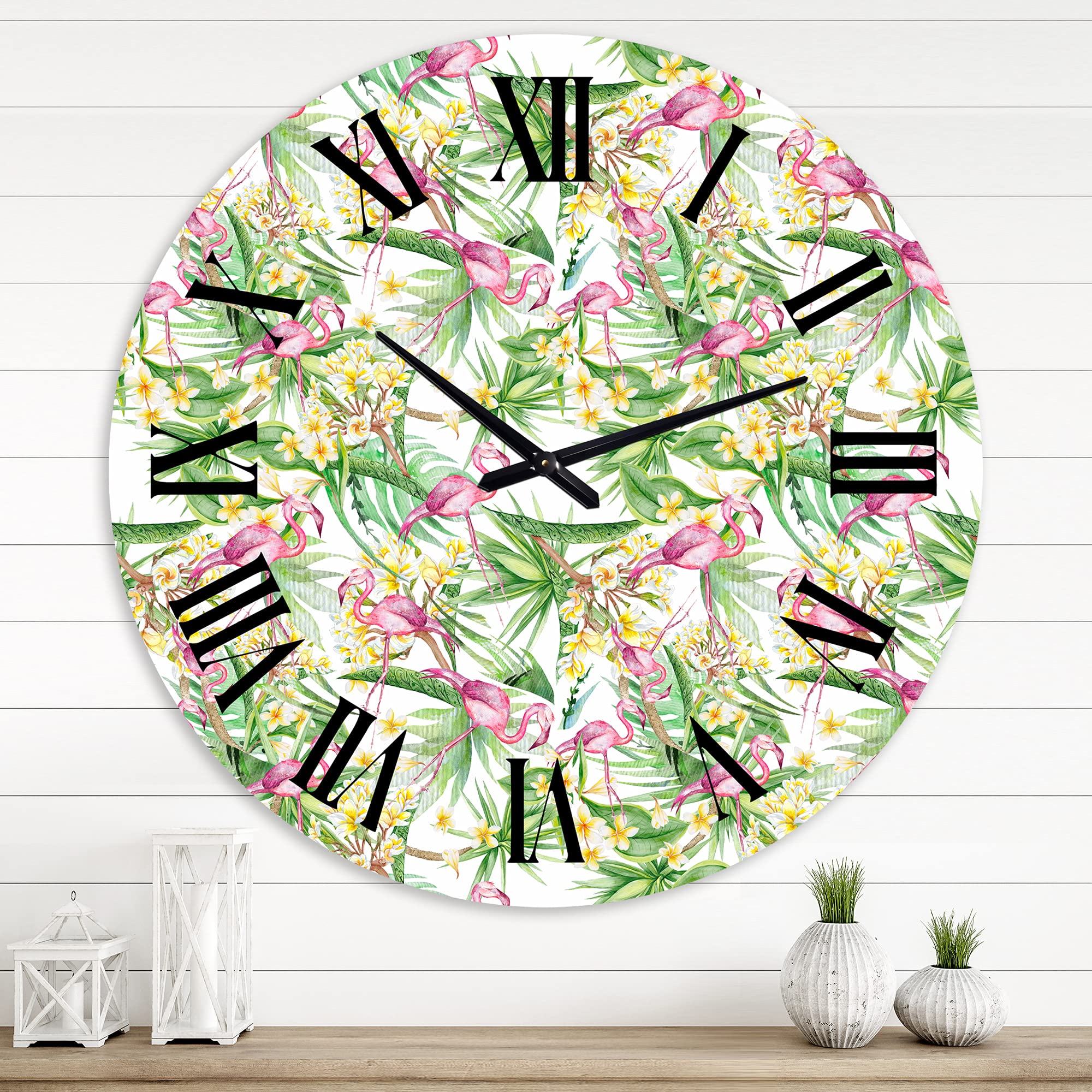 DesignQ Modern Wall Clock 'Tropical Foliage with Yellow Flowers & Flamingo II' - Large Floral Botanical Wall Clock for Home, Office & Living Room Decor | Perfect for Tropical & Boho Style Interiors