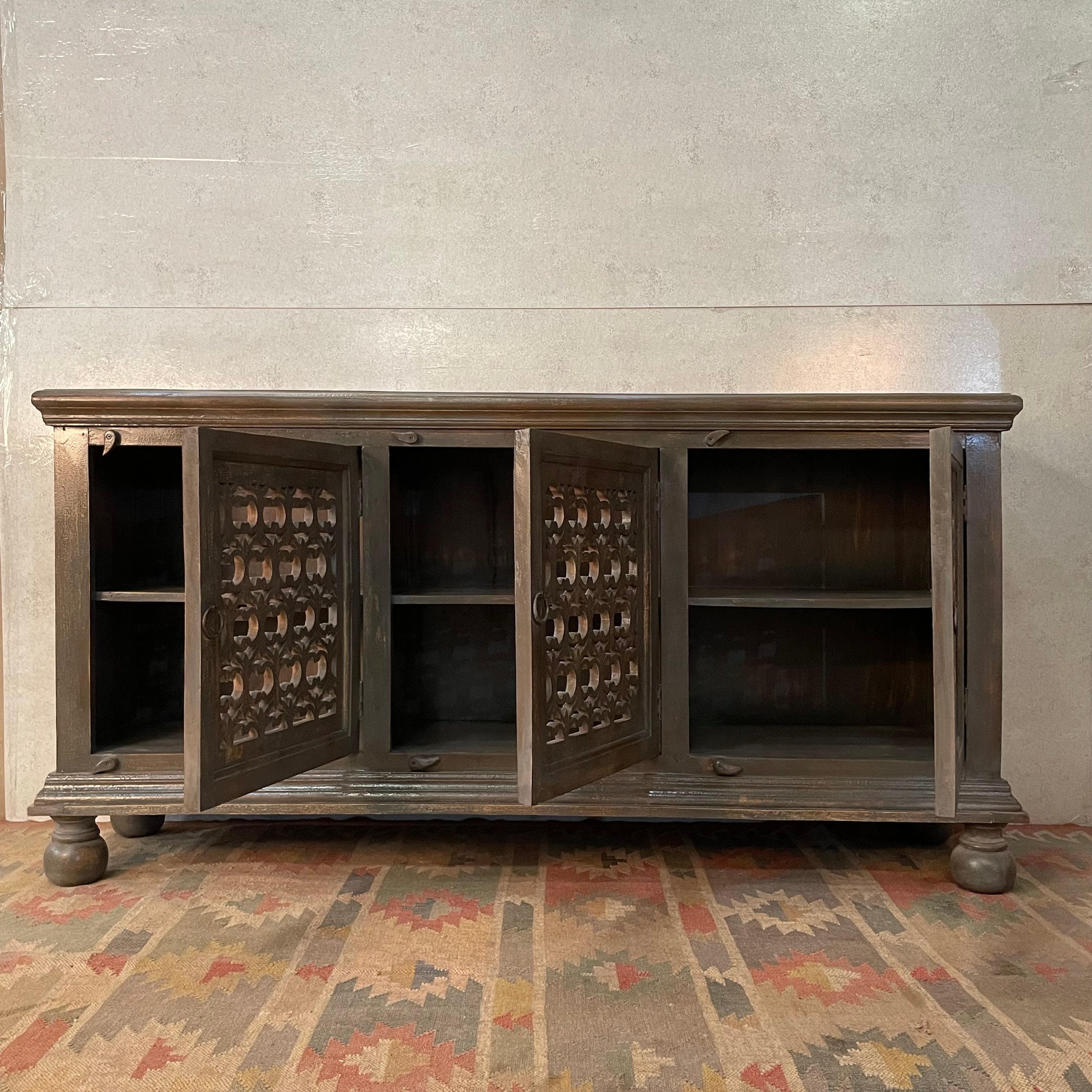 Handmade Solid Wood Carved Indian Sideboard with Jali Doors - Grey Finish, 72.4