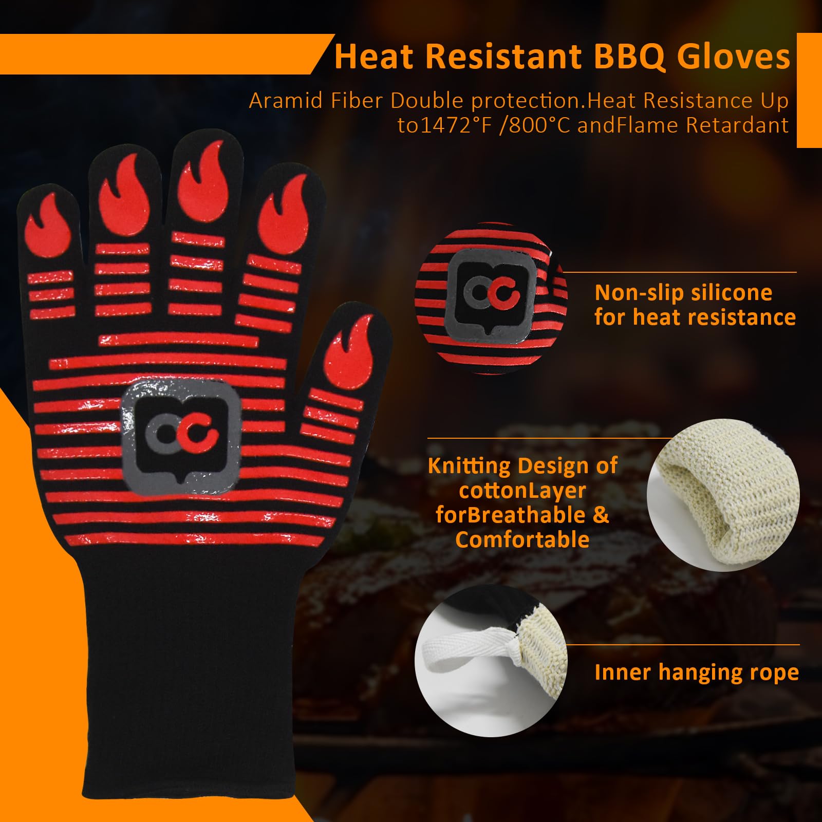 Heat Resistant BBQ Gloves - 1472°F High Temperature Grilling & Oven Gloves, Non-Slip Silicone Kitchen Gloves for Barbecue, Cooking, Baking, Meat Cutting - Perfect for Outdoor Grilling, Camping & Backyard Parties (Red)