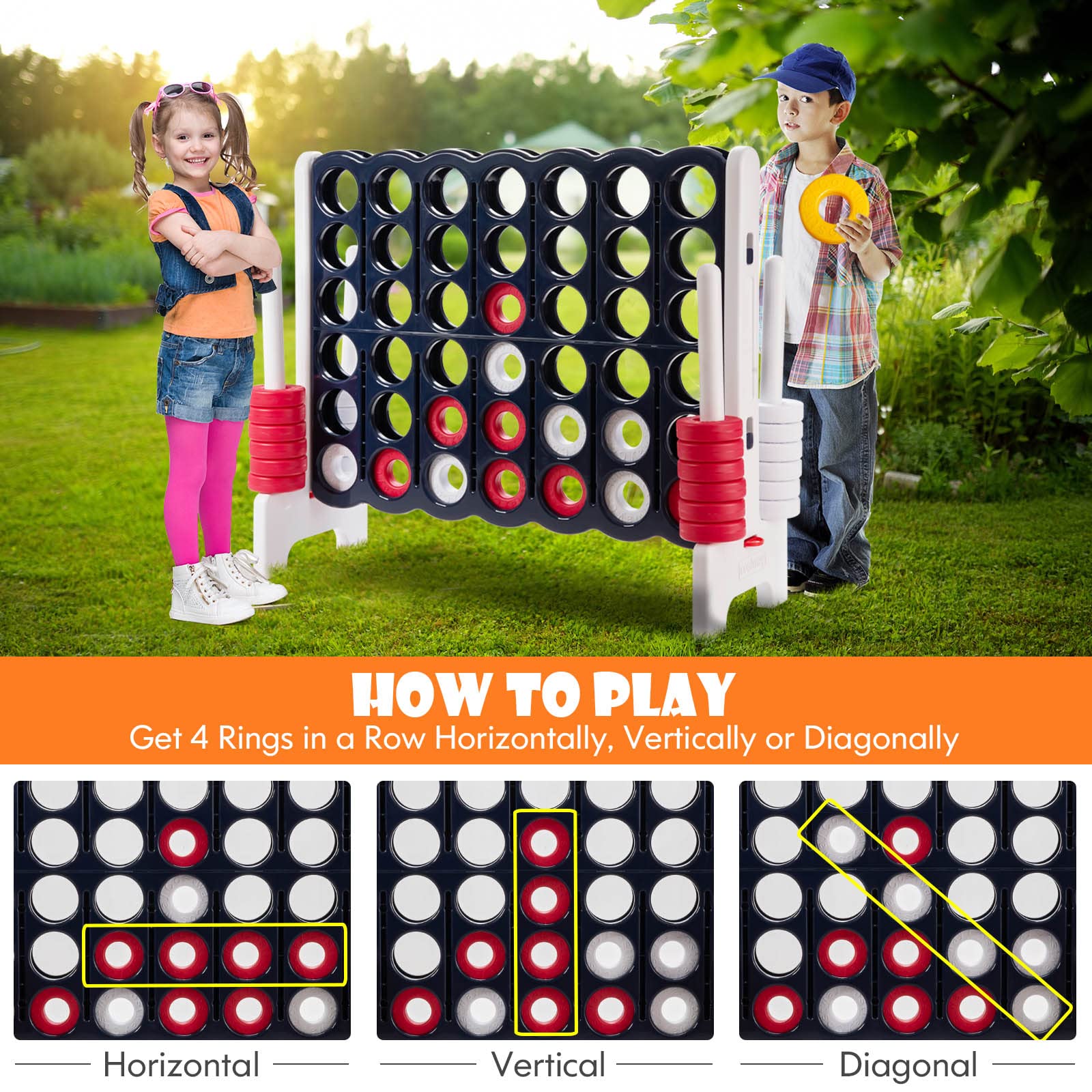 HONEY JOY Jumbo 4-to-Score Giant Connect 4 Game Set - 42 Oversized Rings & Quick-Release Slider - 3.5FT Tall Outdoor Yard Game for Kids, Adults & Family Fun - Perfect for Backyard Parties, Picnics & Beach Games