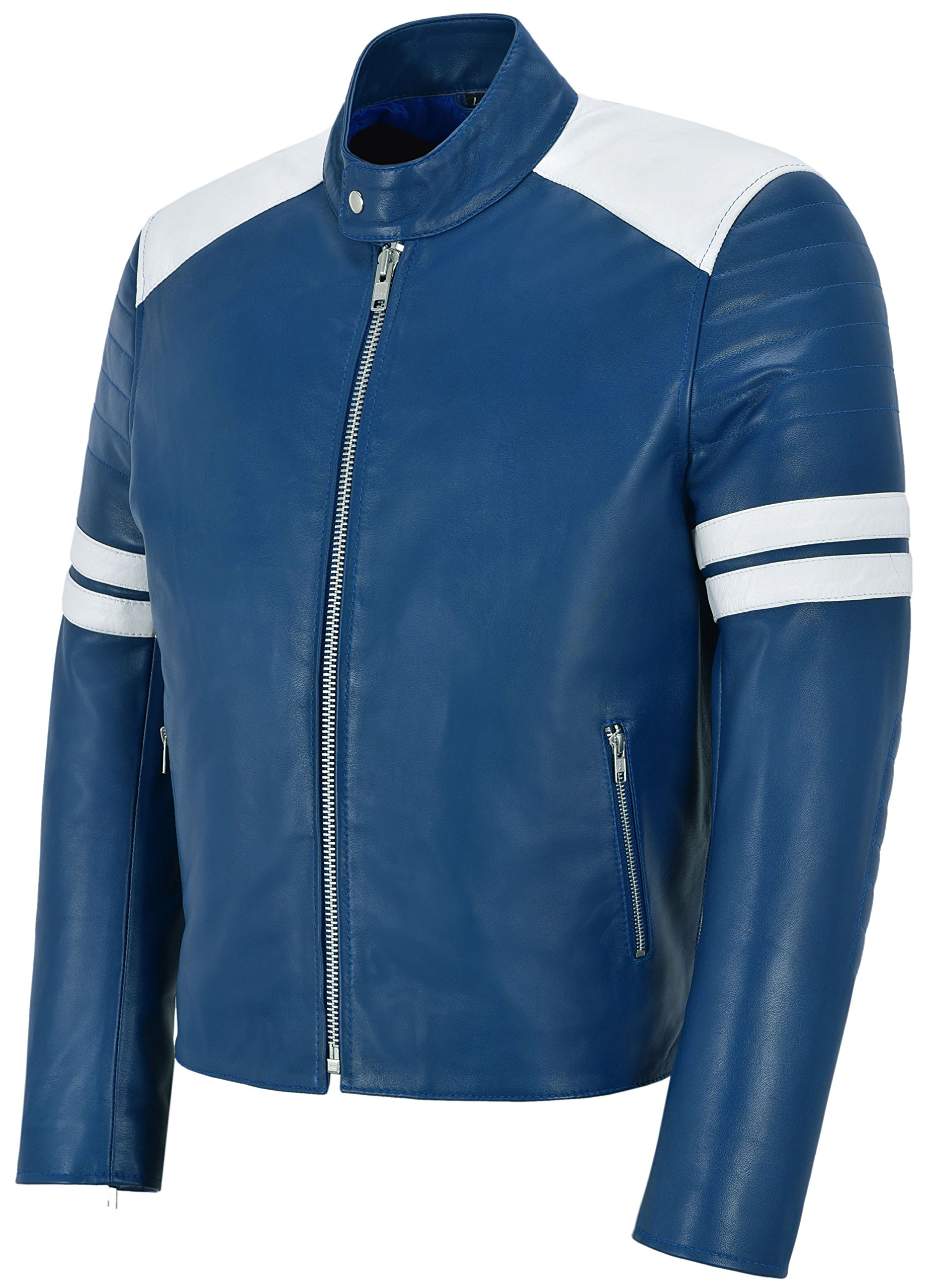 Men's Mayhem Genuine Leather Biker Jacket - Blue & White Stripe Motorcycle Style for Riding & Casual Wear