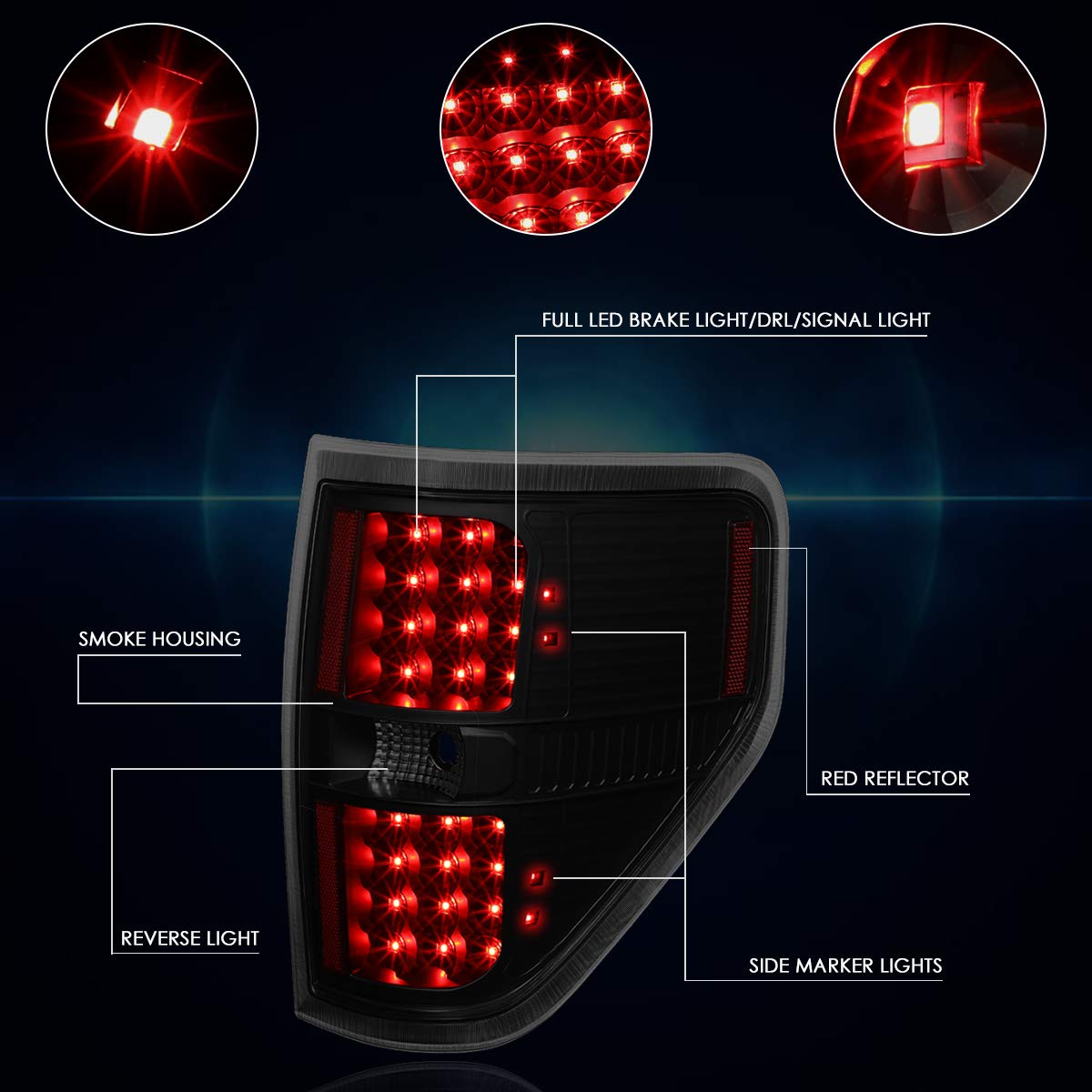 Dual LED C-Bar Tail Lights Brake Lamps Assembly for 09-14 Ford F-150 - Black Housing & Smoked Lens - Upgrade Your Truck's Style & Visibility for Night Driving & Off-Road Adventures