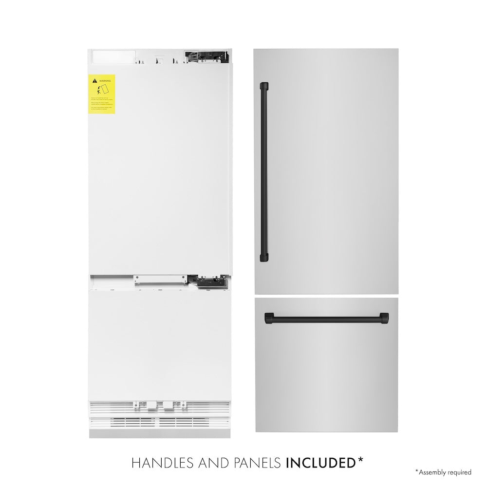 ZLINE Autograph Edition 30 Inch Built-In Bottom Freezer Refrigerator - 16.1 cu ft Stainless Steel with Matte Black Accents | Water Dispenser & Ice Maker | Perfect for Modern Kitchens & Open Concept Homes