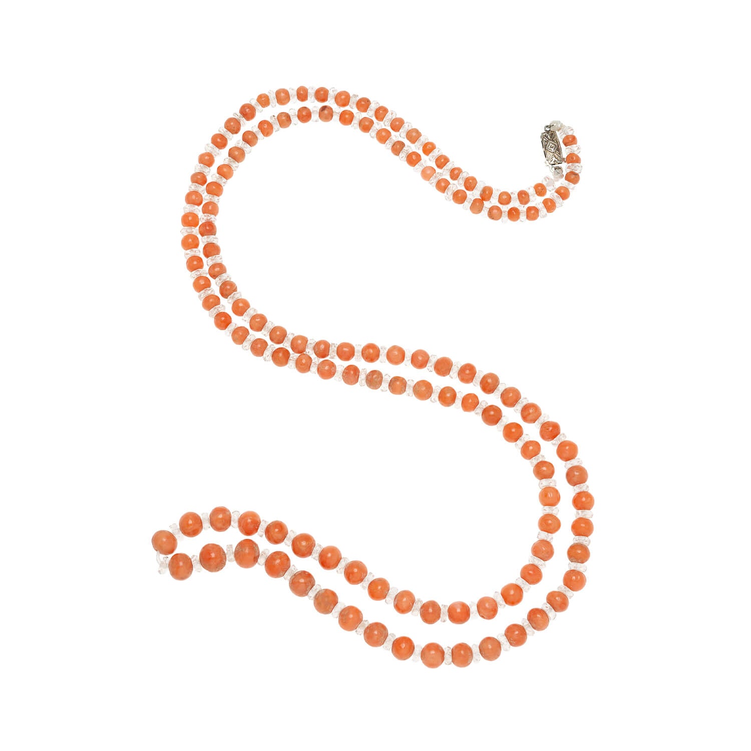 Art Deco Coral & Rock Quartz Crystal Beaded Necklace - 34.5 Inch Statement Jewelry for Women, Boho Chic Accessory for Parties, Weddings & Special Occasions