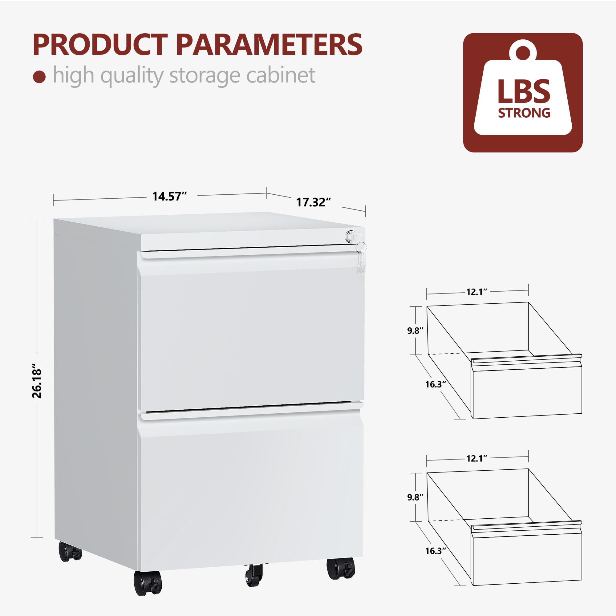 2 Drawer Mobile File Cabinet with Lock & Wheels - Fully Assembled Metal Under Desk Storage for A4/Letter/Legal Size Documents - Perfect for Office, Home & Workspace Organization (White)
