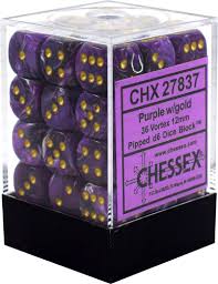 Chessex D6 36 Pack - Purple with Gold Vortex 12mm Pipped Dice Set for Dungeons & Dragons, RPG Games, and Board Games | Perfect for Tabletop Gaming, Collectors, and Gift Giving