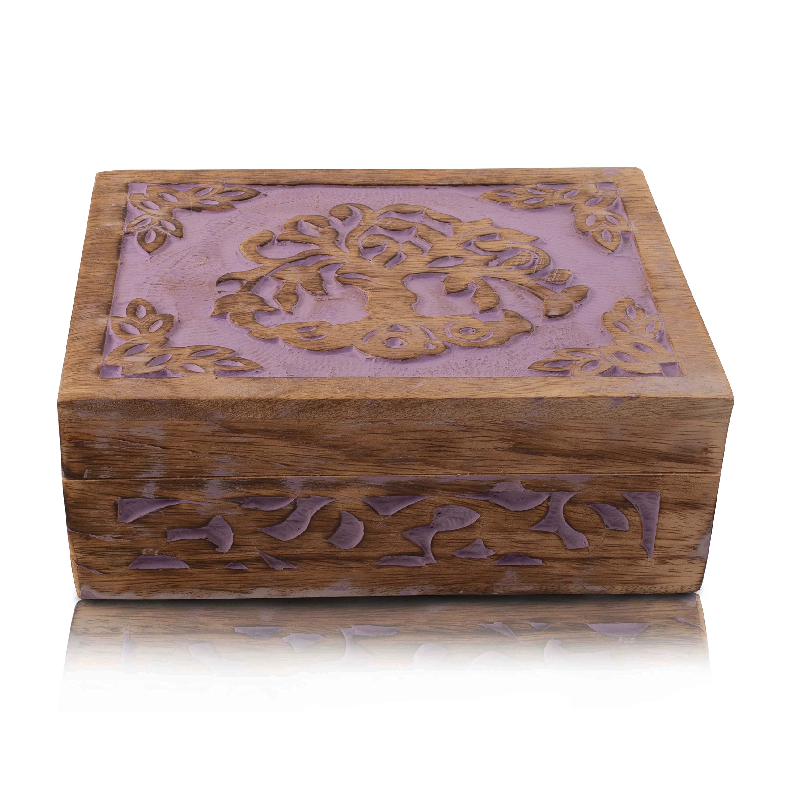 Handmade Wooden Jewelry Box with Tree of Life Carving - Jewelry Organizer, Keepsake Box & Watch Storage - Perfect Birthday, Housewarming Gift (Violet) | Great for Travel, Home Decor & Special Occasions