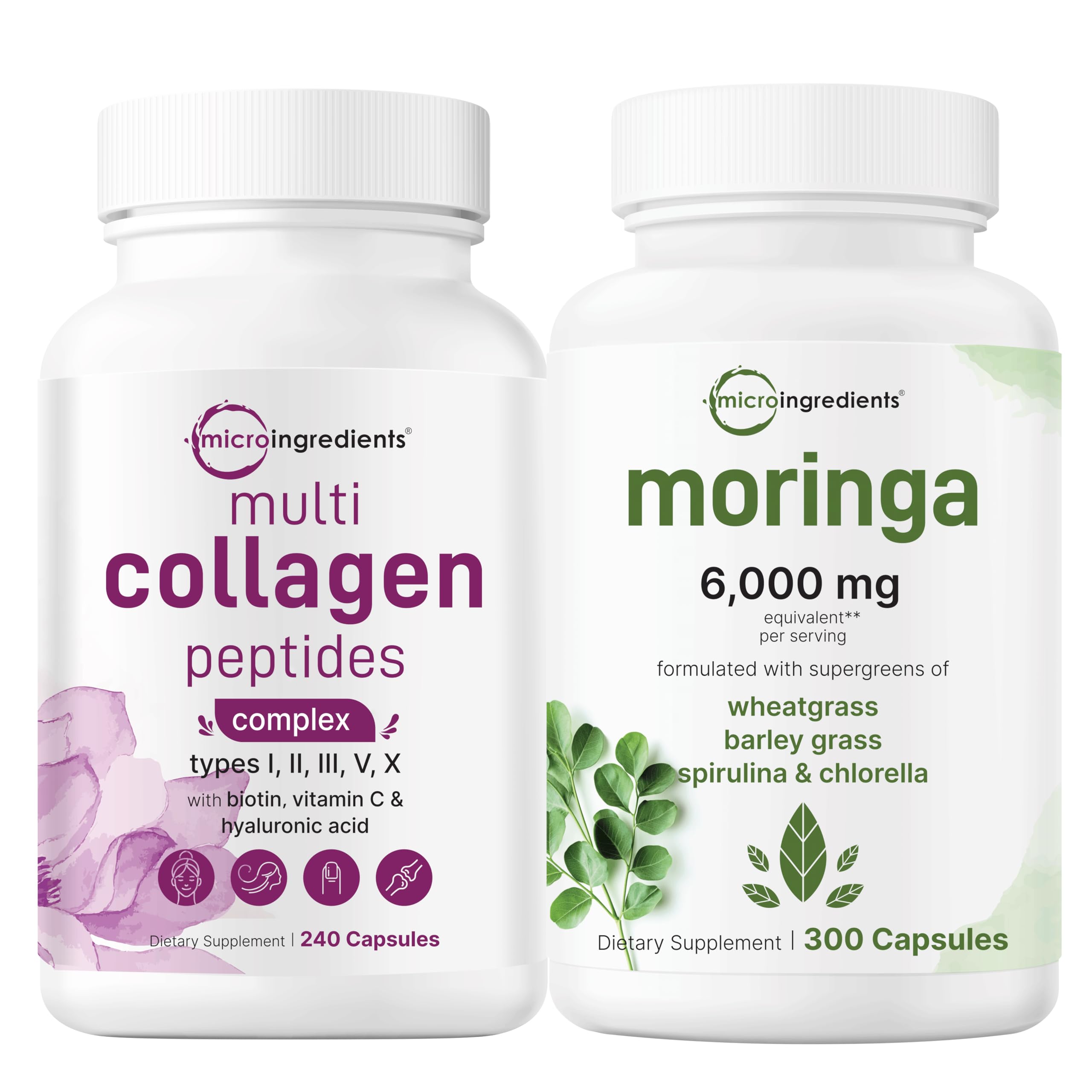 Micro Ingredients Multi Collagen Complex 240 Capsules & Moringa Oleifera 6,000mg (300 Capsules) Bundle | Hydrolyzed Collagen Peptides + Antioxidant Supplement | Supports Skin, Hair & Joint Health | Perfect for Daily Wellness Routine & Anti-Aging