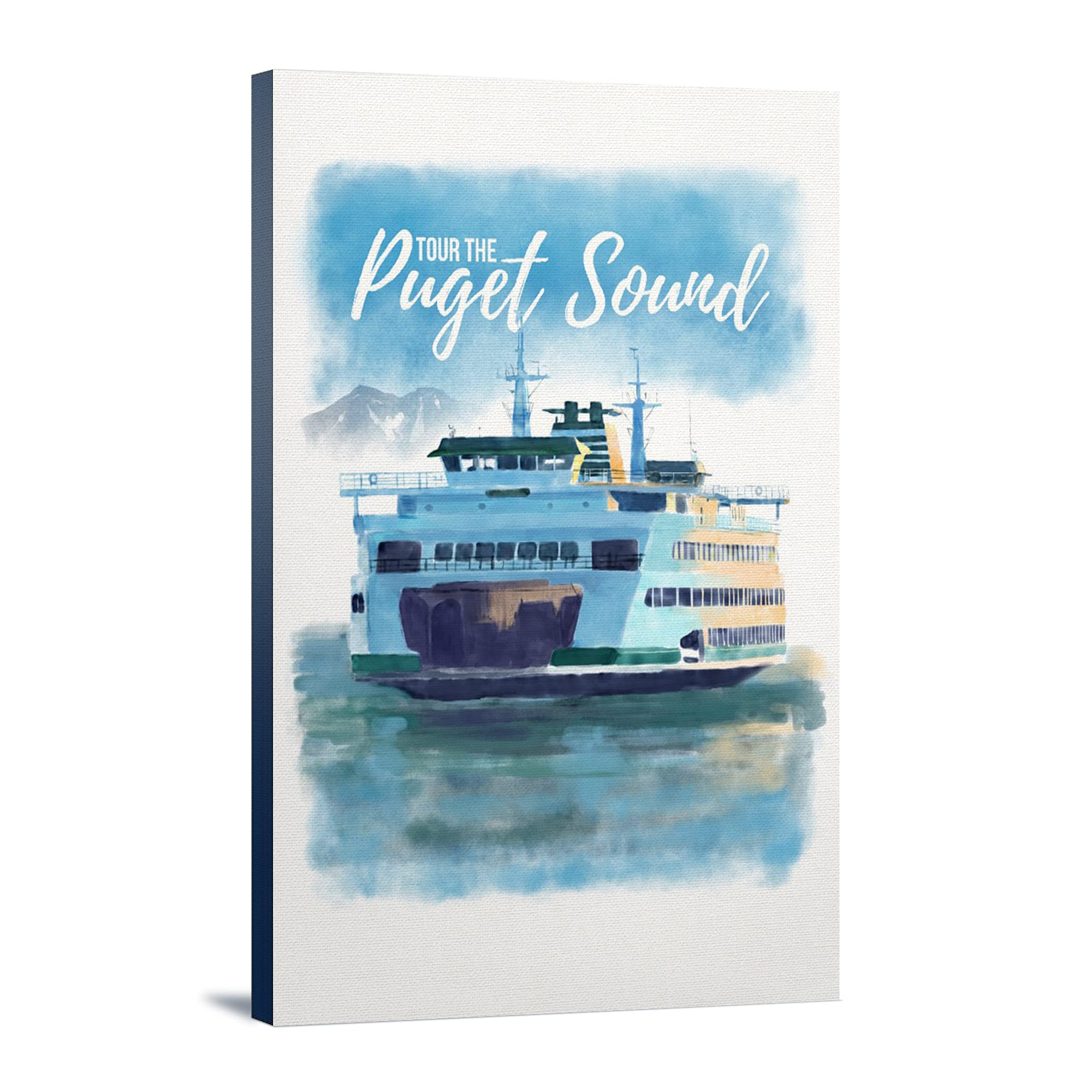 Washington Puget Sound Ferry Watercolor Art Print - 24x36 Gallery Wrapped Canvas Wall Decor for Living Room, Bedroom & Office