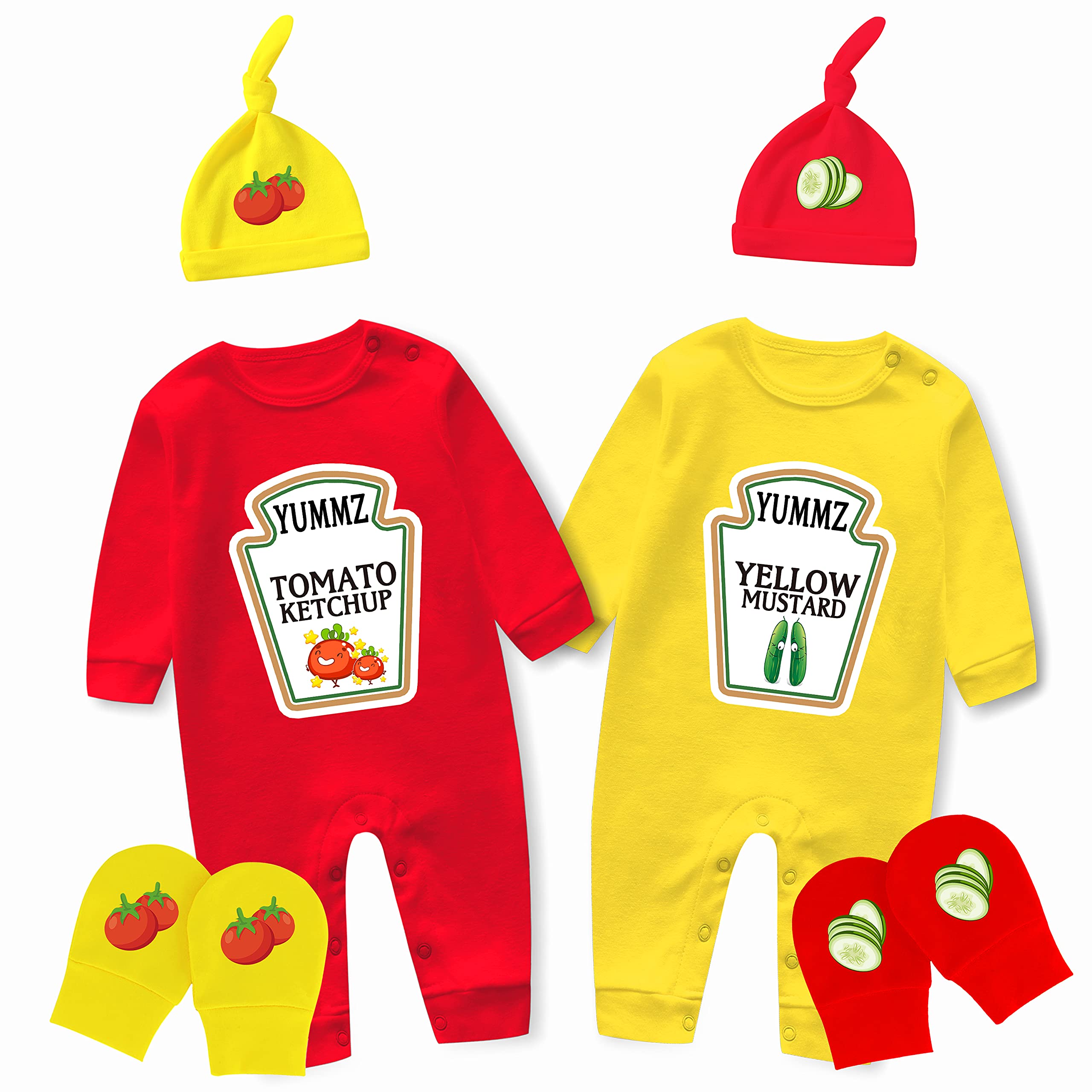 Adorable Baby Twins Bodysuit - Long Sleeve Romper with Attached Gloves | Cute Yummz Ketchup & Mustard Themed Outfit for Newborns | Perfect for Photo Shoots, Family Gatherings & Special Occasions