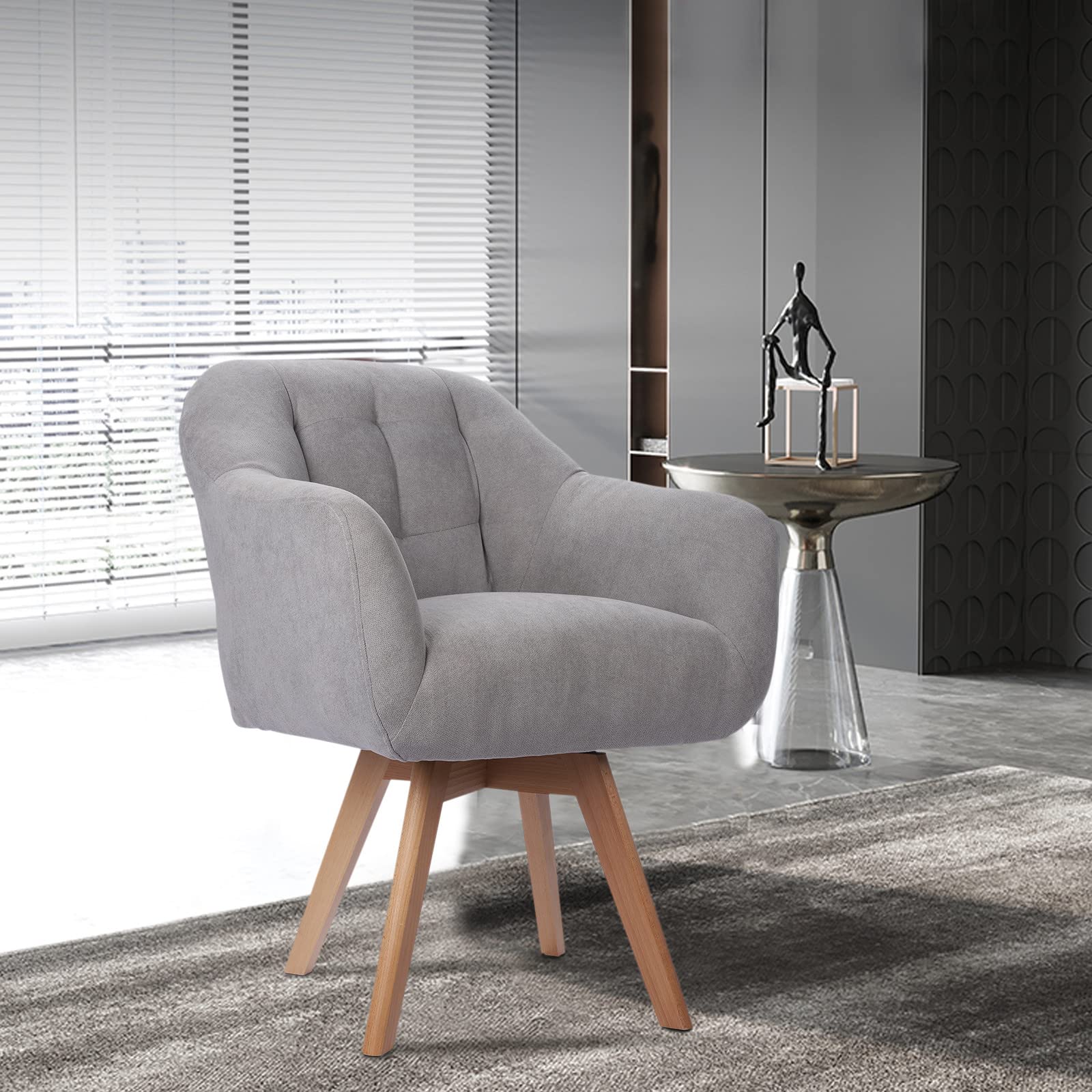 SKNG Home Office Computer Chair - Flannel Upholstered Solid Wood Lounge Chair with Lumbar Support, Gray - Perfect for Gaming, Working, and Relaxing in Living Room or Bedroom