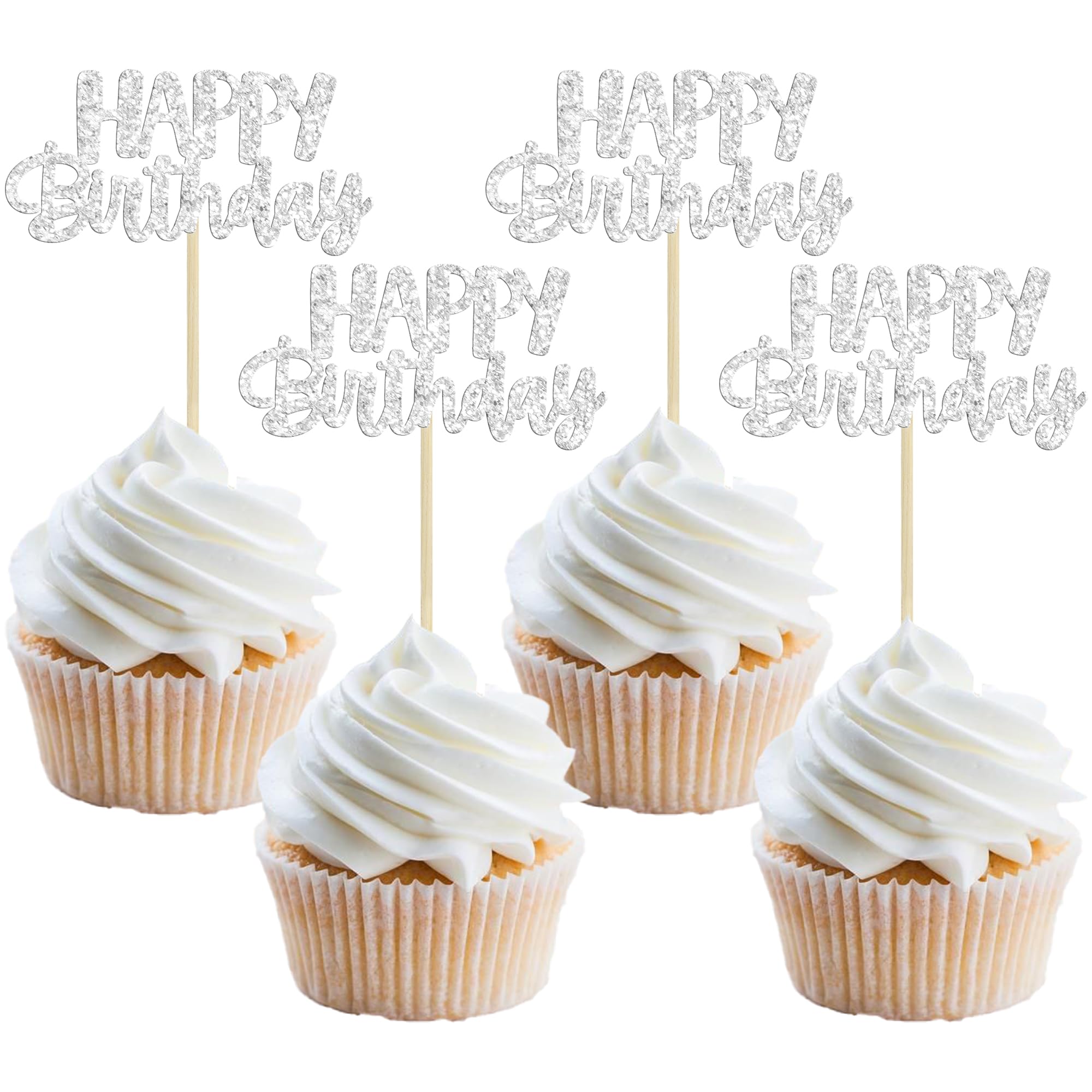 24Pcs Silver Glitter Happy Birthday Cupcake Toppers - Cake Decorations for Birthday Party Supplies | Perfect for Celebrations, Baby Showers & Anniversary Parties