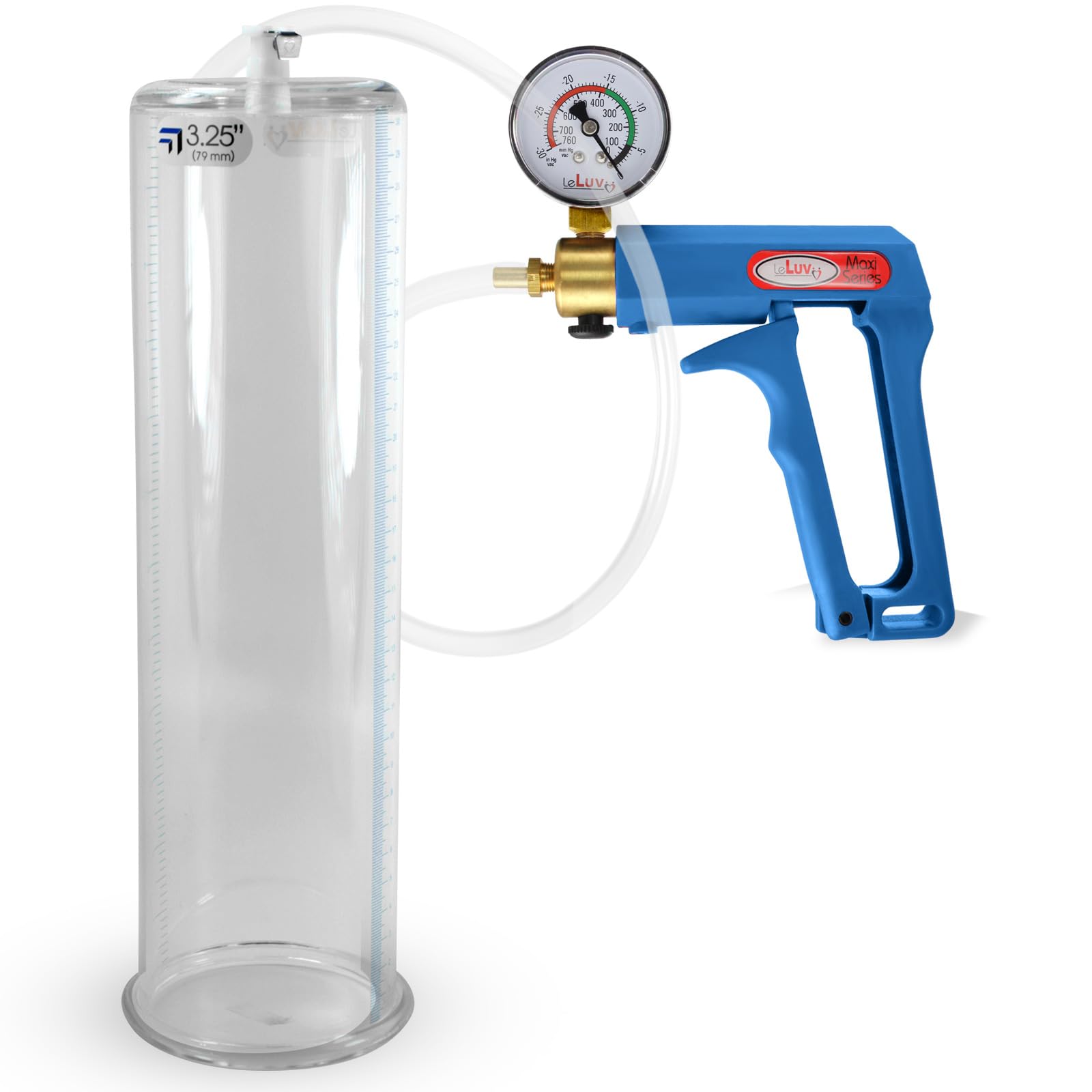 LeLuv Penis Pump with Pressure Gauge - Maxi Blue Handle, Clear Hose, 12