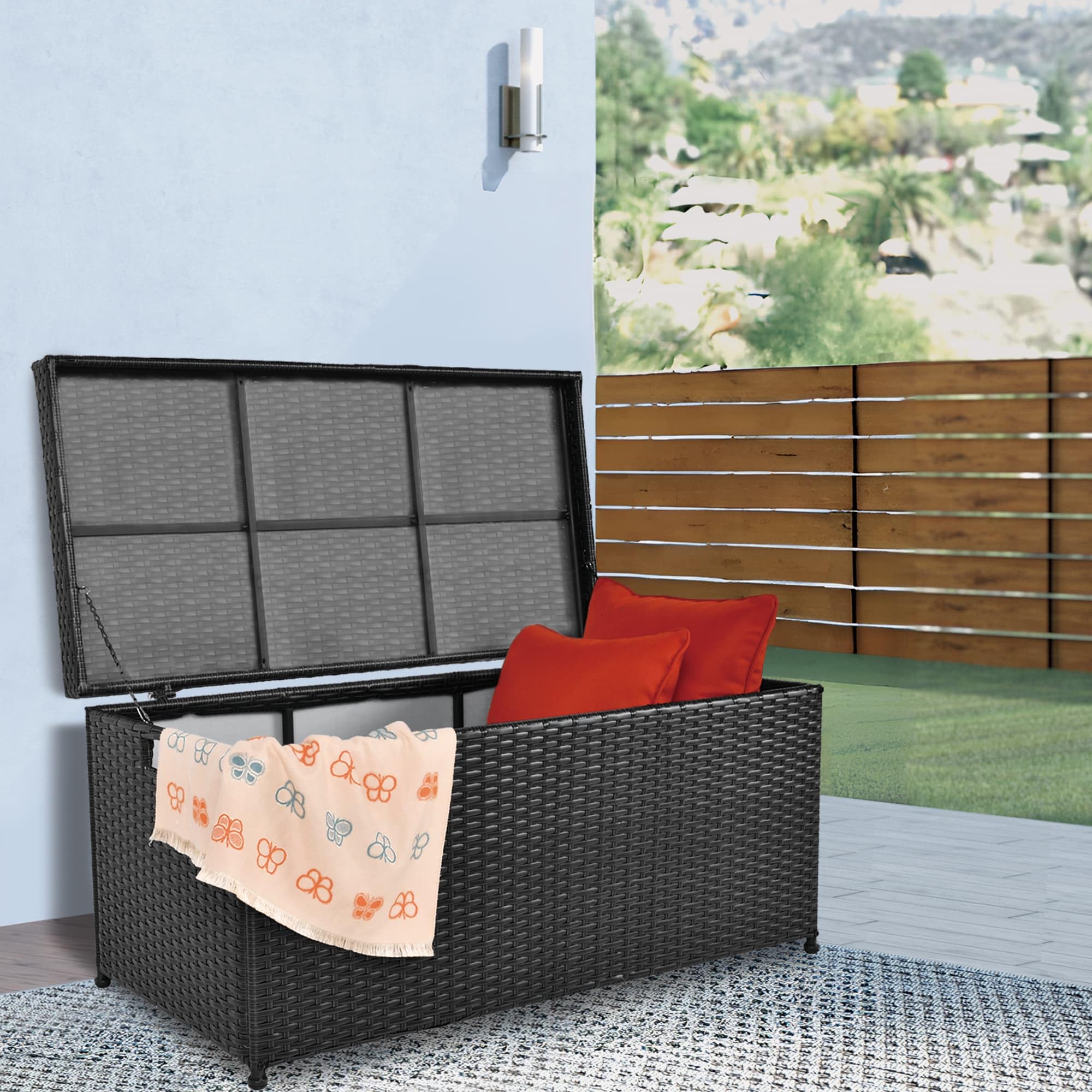 Jeco Black Wicker Patio Storage Deck Box - Outdoor Furniture Organizer for Cushions, Toys & Garden Tools - Perfect for Backyard, Deck & Poolside Storage