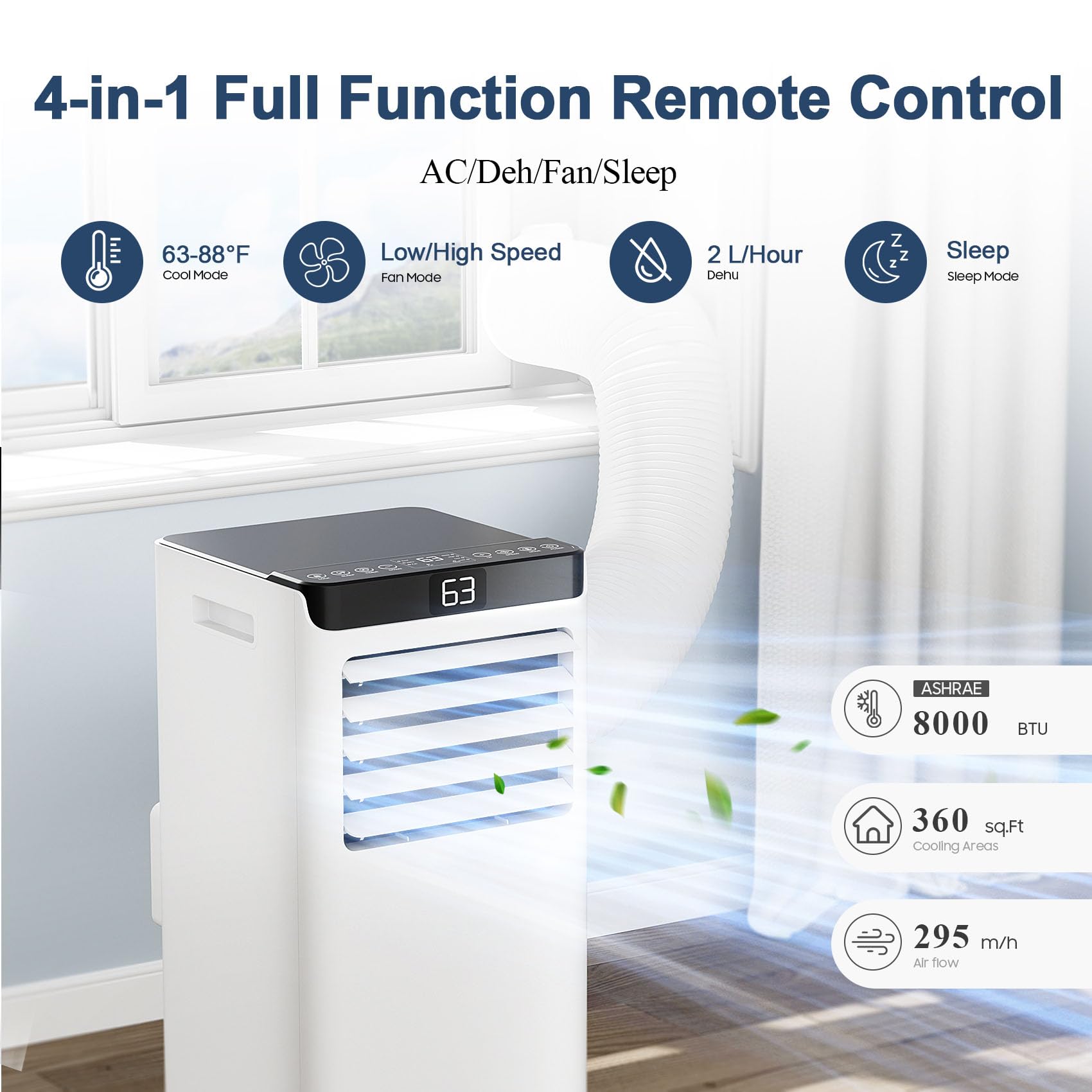 8,000 BTU Portable Air Conditioner for Rooms Up to 360 Sq.Ft - Compact AC Unit with Remote Control, 4 Modes & Window Mount Kit - Perfect for Bedrooms, Offices & Small Spaces (Model 8000-07B)