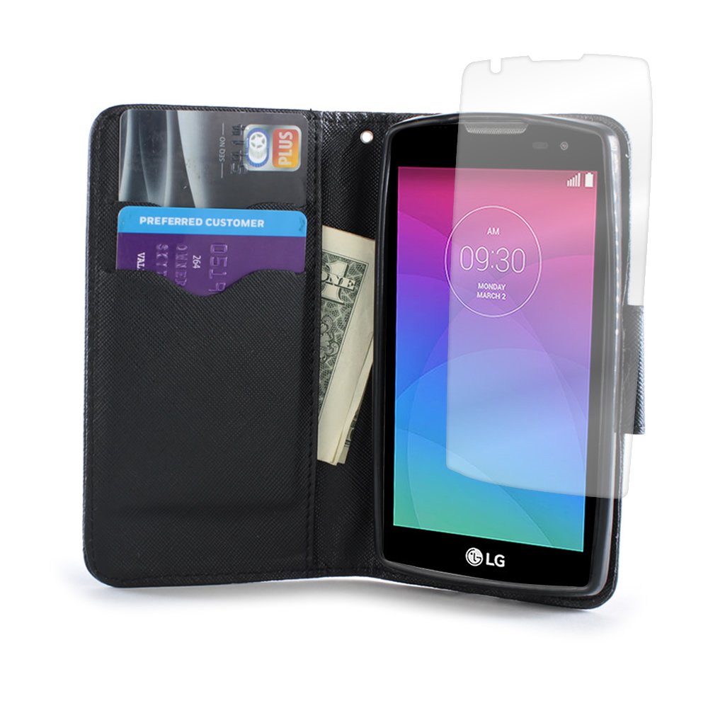 Premium Wallet Case for LG Leon Tribute 2 Risio - Flip Cover with Credit Card Slots & Wrist Strap - Includes Screen Protector (Red & Black) - Perfect for Daily Use, Travel, and Hands-Free Convenience