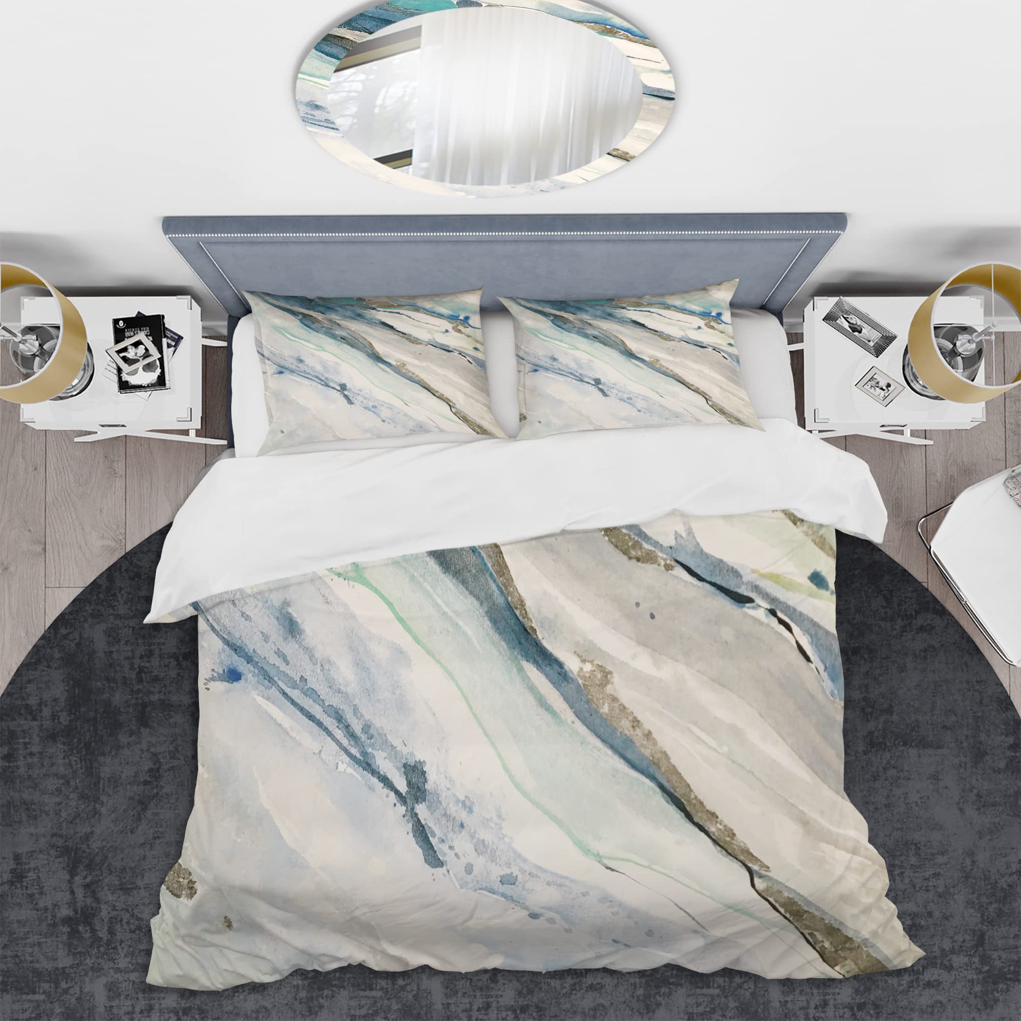Modern Blue Silver Spring Duvet Cover King - 3pc Cottage Bedding Set for All Seasons