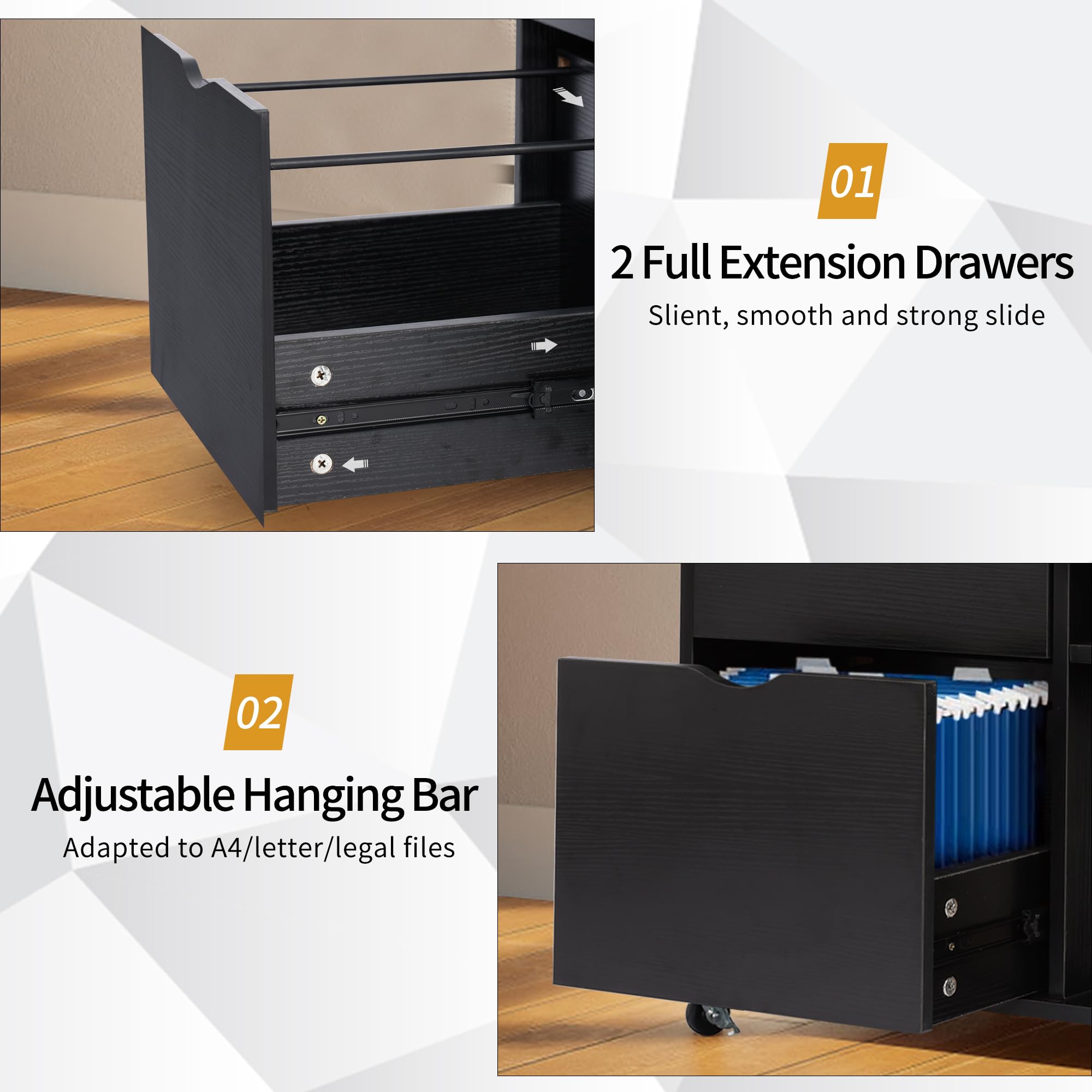 Black Mobile File Cabinet with Charging Station - Home Office Storage for Letter/Legal/A4 Files - Workspace Organizer