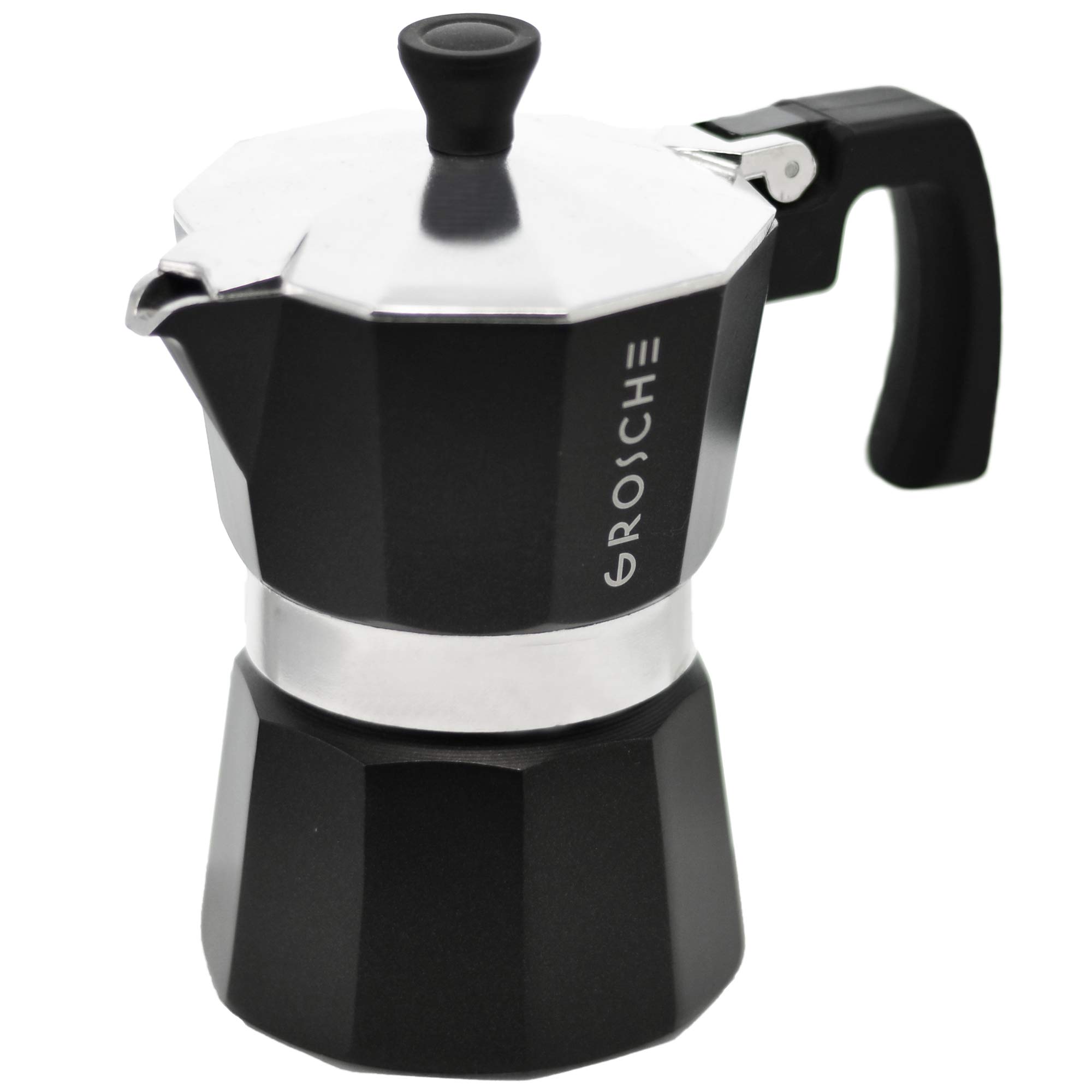 GROSCHE Milano Stovetop Espresso Maker - 3 Cup Moka Pot (5 oz) - Italian Coffee Maker for Cuban Coffee, Black - Perfect for Home, Camping & Gifts
