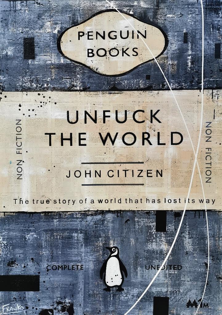 Grey Unfucker 140cm x 100cm Modern Art Canvas - Urban Pop Painting for Book Clubs, Home & Office Decor - Unfuck The World Wall Art