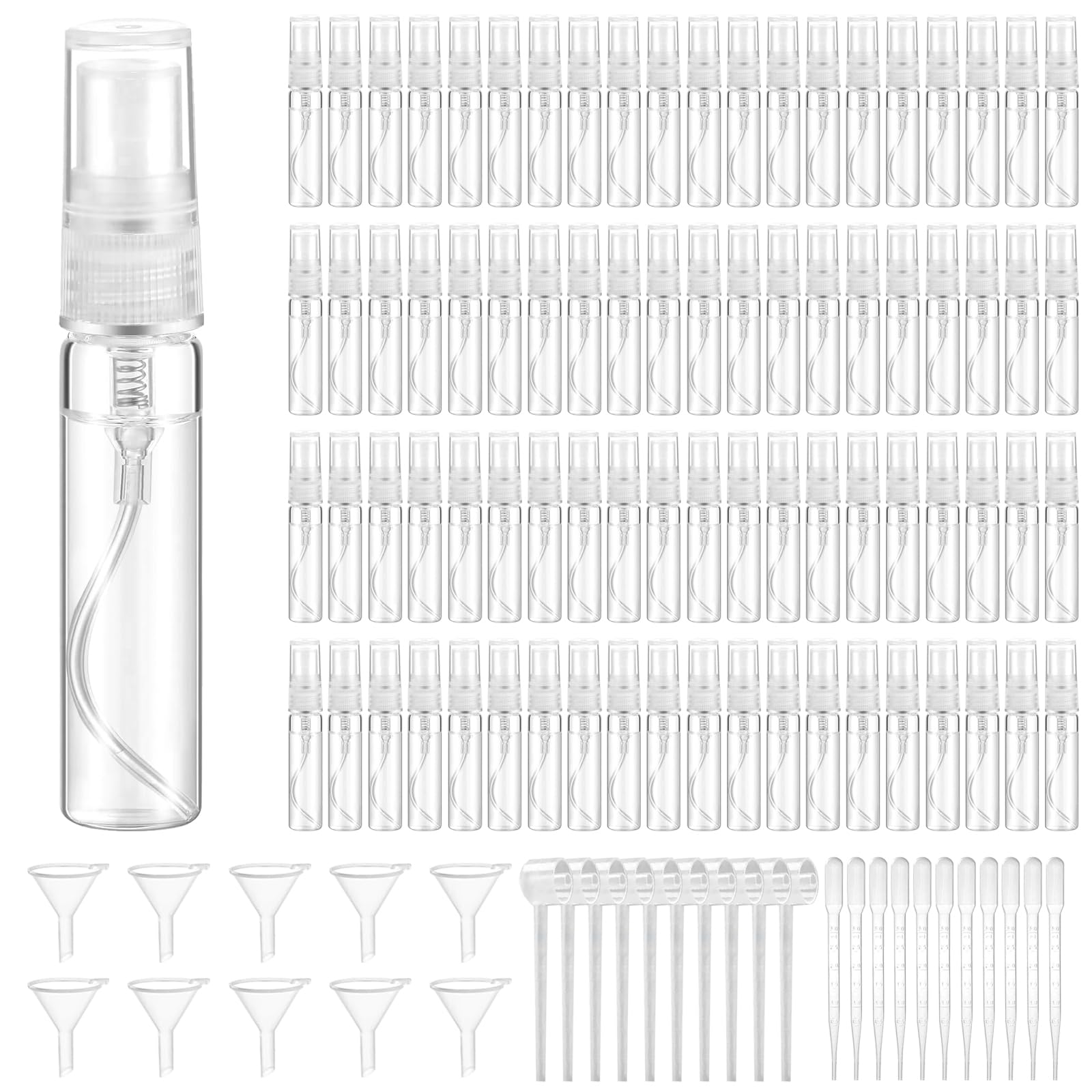 320 Pcs Mini Spray Bottles Set - 10 Perfume Dispensers, 10 Droppers & 10 Funnels - Clear Refillable 5ml Glass Atomizer for Travel, Fragrance Samples, Essential Oils & DIY Beauty - Perfect for Perfume Lovers, Aromatherapy & Gift Packaging