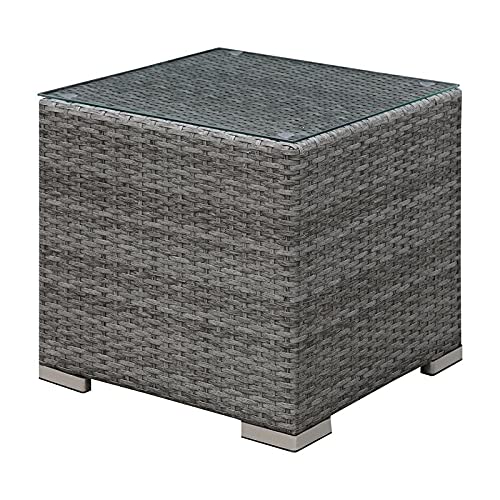Arthur Rattan & Glass Top Outdoor End Table - Light Gray Patio Side Table for Pool, Garden & Porch Decor