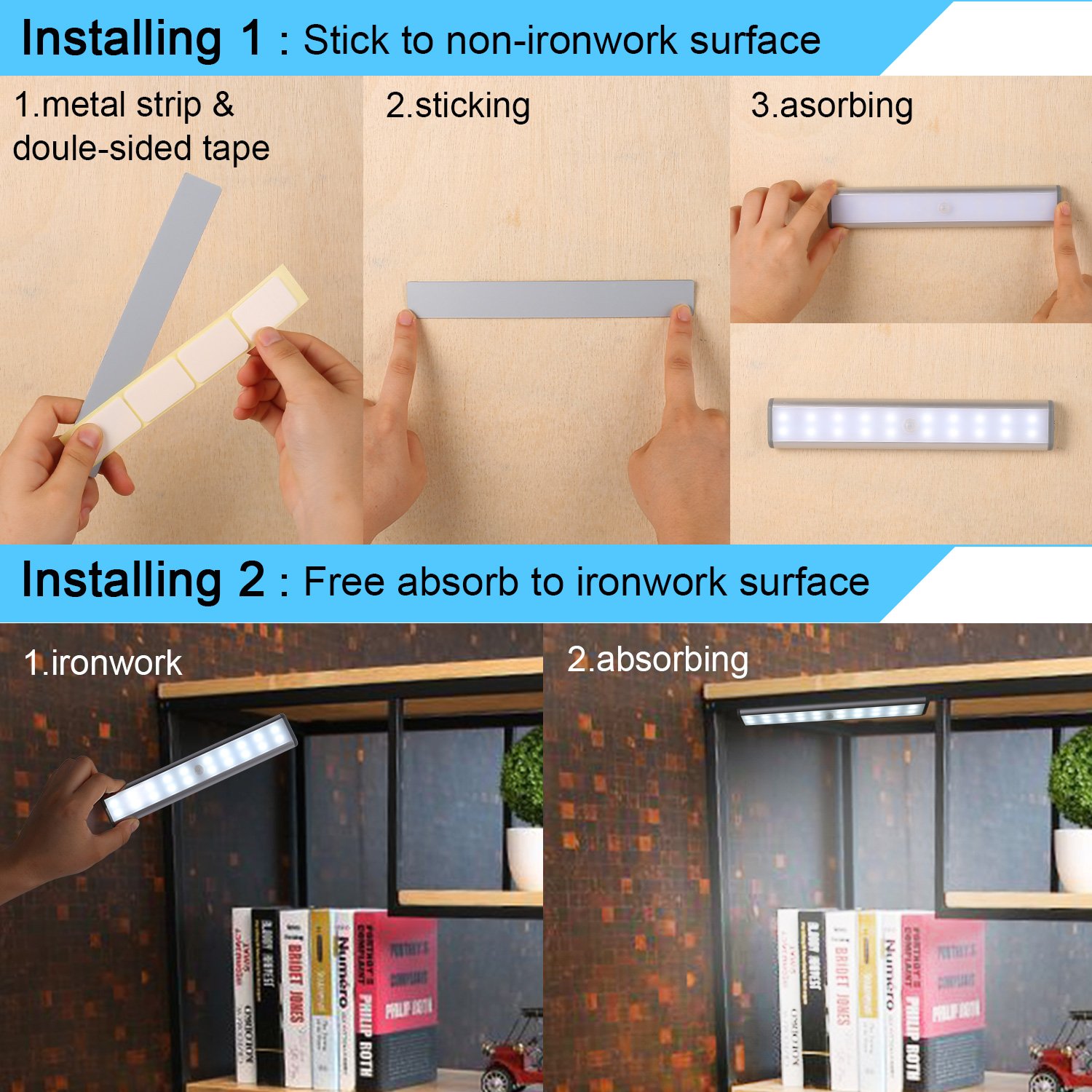 Wireless Stick-On LED Closet Lights - 20 LED Motion Sensor Under Cabinet Lighting with Rechargeable Battery & Magnetic Base - Safe Night Light for Closet, Kitchen, Wardrobe, Stairs (Silver) - Perfect for Dark Spaces & Hands-Free Illumination