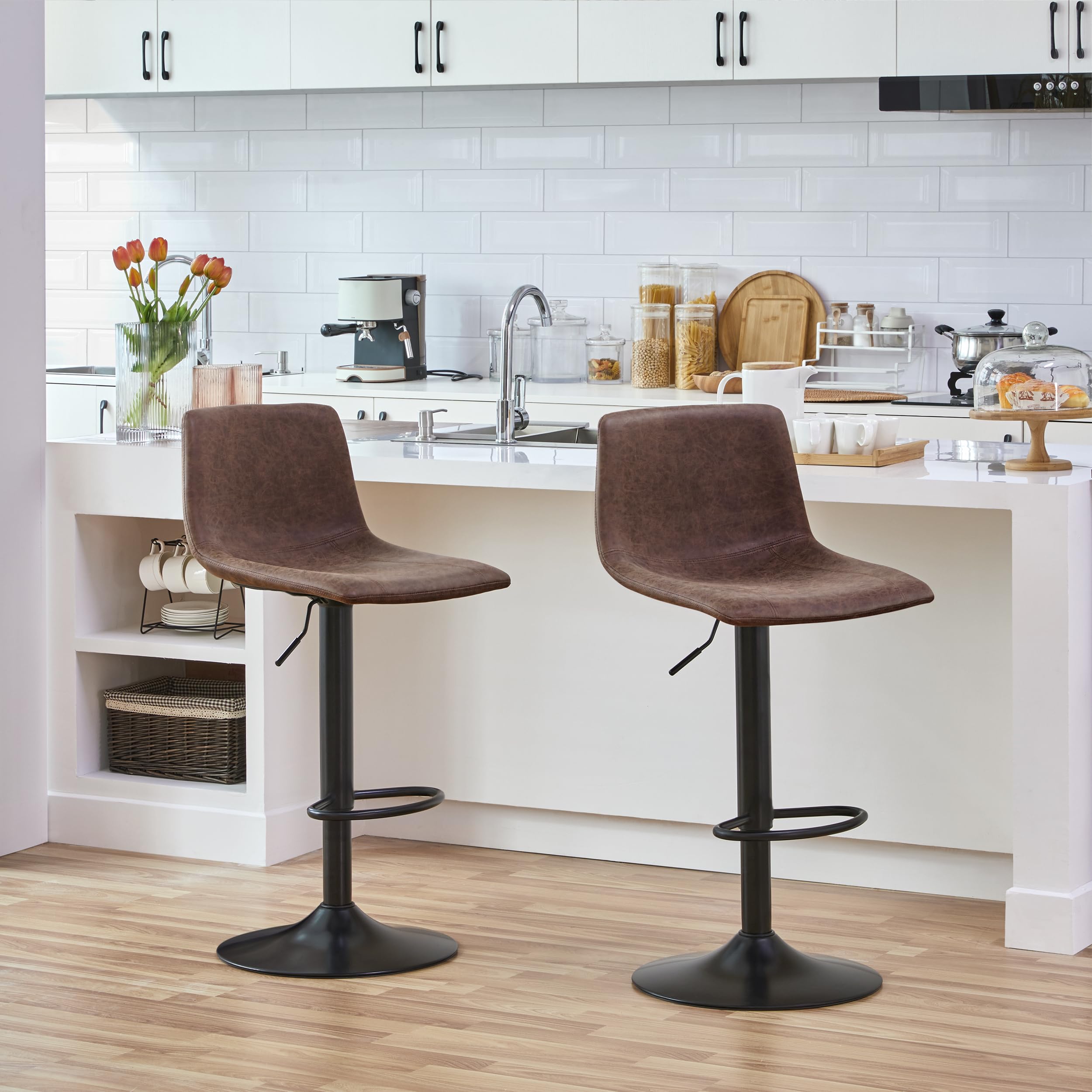 Yaheetech 4-Piece Adjustable Swivel Bar Stool Set - PU Leather Counter Height Stools with Backrest & Footrest - Kitchen Island, Home Bar & Dining Room Furniture - Perfect for Entertaining & Casual Dining (Brown)