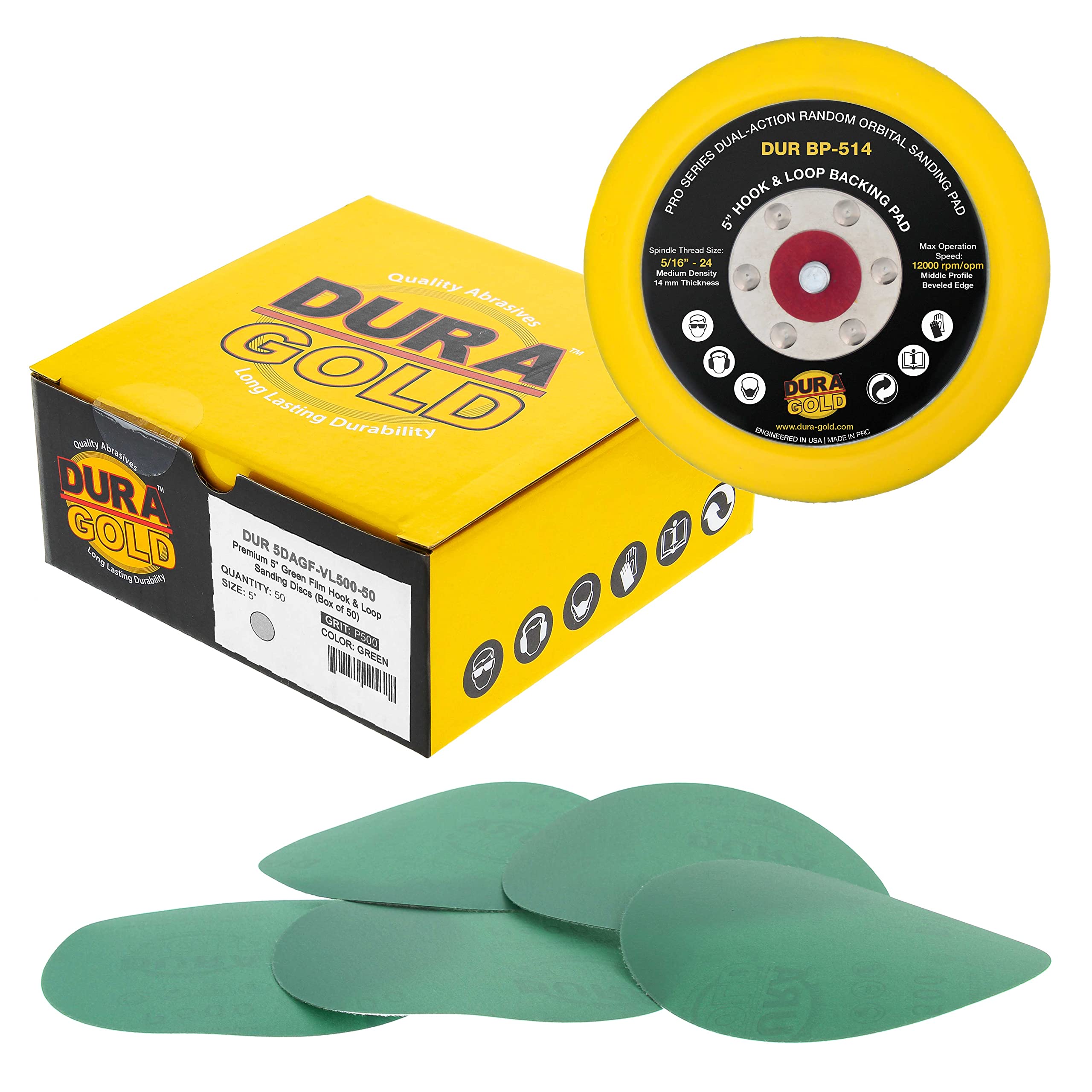 Dura-Gold 5 Inch Green Film PSA Sanding Discs 500 Grit with 5 Inch Hook & Loop DA Sander Backing Plate Pad - Perfect for Automotive, Woodworking & Metal Polishing
