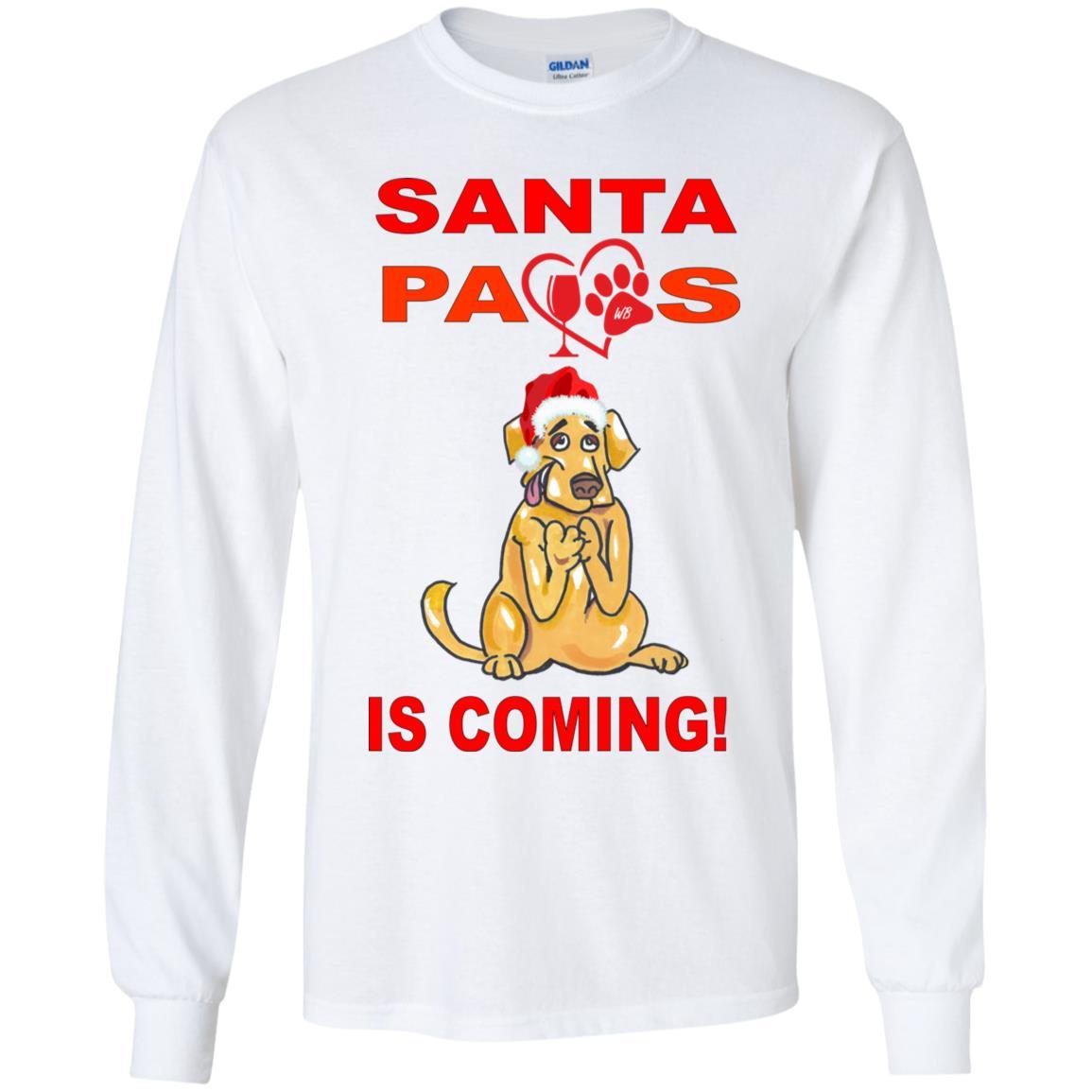 Santa Paws Is Coming Youth Long Sleeve T-Shirt | Cute Christmas Dog Lover Tee | Holiday Family Matching Outfits & Pet Photo Shoots