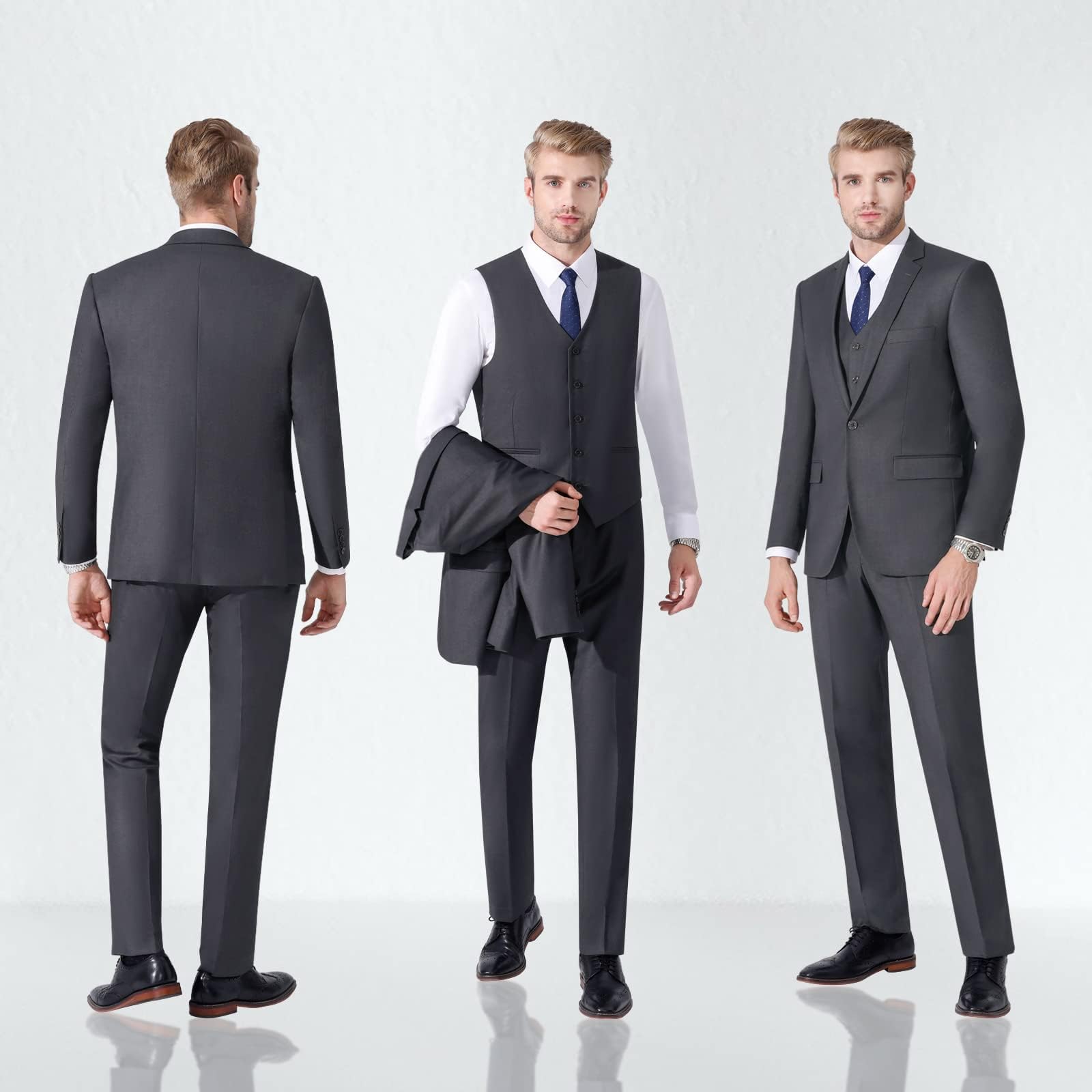 LUPURTY Men's 3-Piece Slim Fit Suit Set - Solid Color One Button Tuxedo with Jacket, Vest & Pants + Free Tie | Perfect for Weddings, Business Meetings & Formal Events