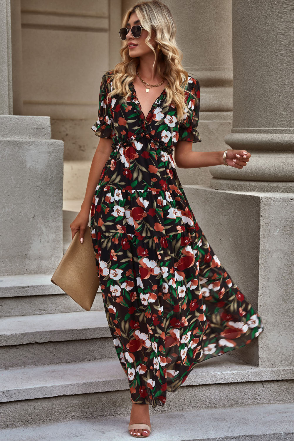 Floral Print Maxi Dress for Women - Summer Beach Vacation & Resort Wear - Boho Chic Long Dress for Pool Party, Wedding Guest, or Tropical Getaway