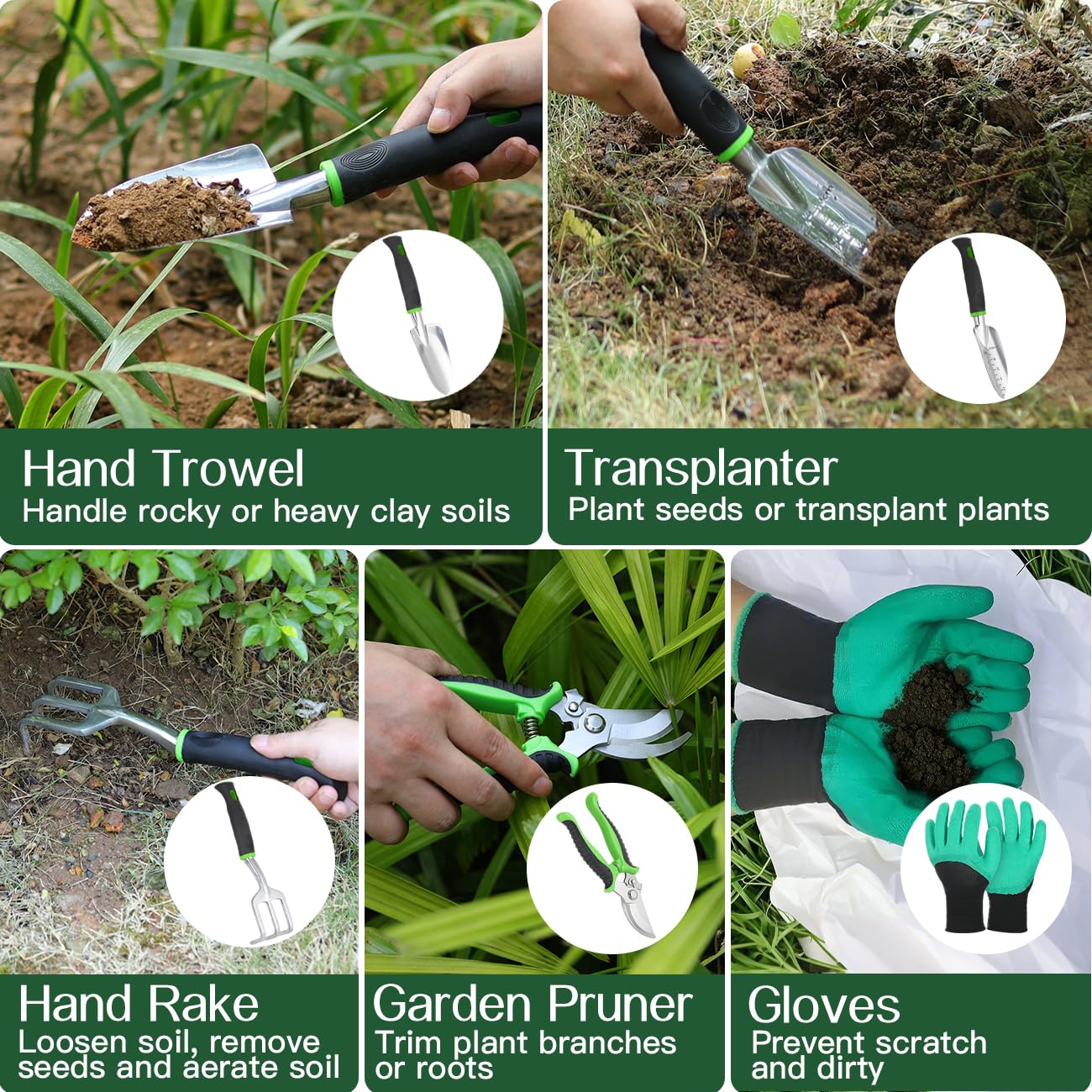 **8PCS Heavy Duty Gardening Tools Set with Non-Slip Rubber Grip & Large Storage Bag - Aluminum Alloy Hand Tools for Planting, Weeding, Digging - Perfect Gardening Gifts for Women & Men (Green)**    *(Ideal for Home Gardens, Landscaping, Backyard Planting & Outdoor Yard Work)*