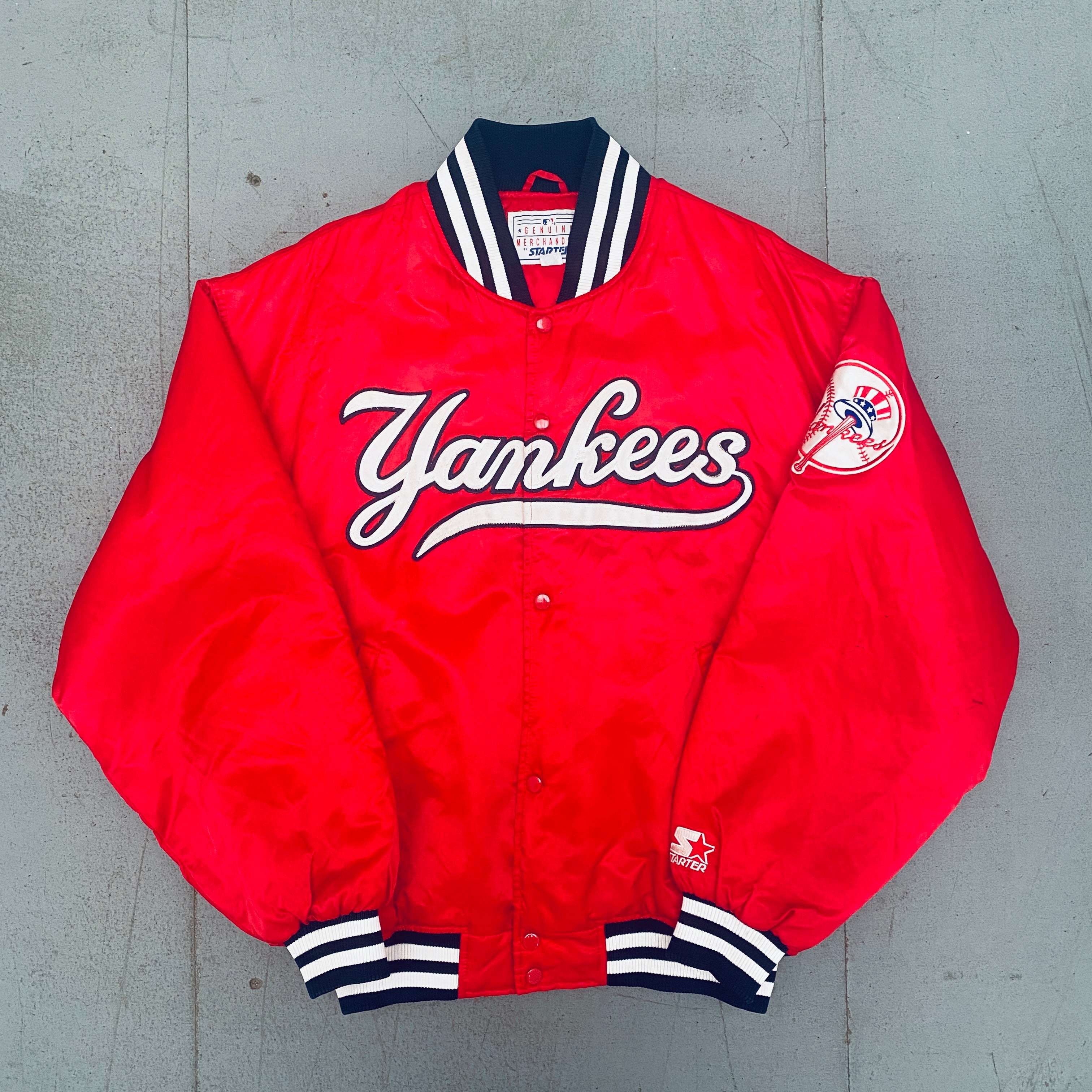 New York Yankees 1990s Red Satin Starter Bomber Jacket with Stitched Spellout - XL | Vintage Baseball Jacket for Men, Sports Fan Gift, 90s Retro Fashion