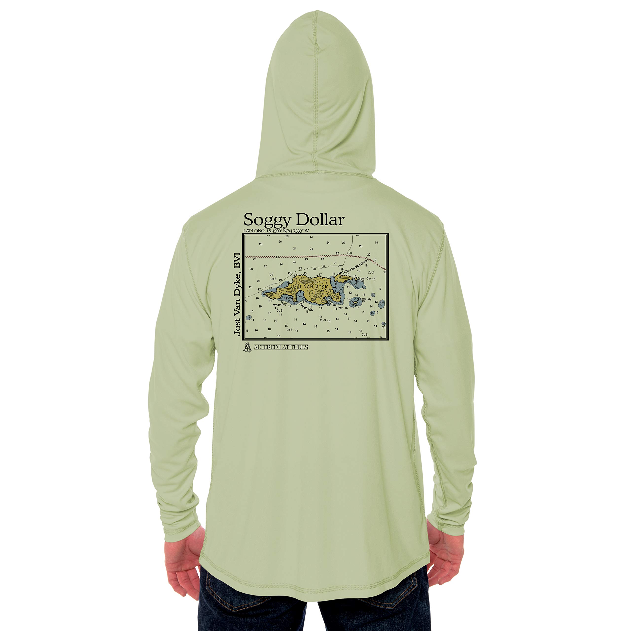 Coastal Classics Jost Van Dyke Nautical Chart Men's UPF 50+ Sun Protection Hoodie - UV Protective Long Sleeve Shirt for Sailing, Fishing & Outdoor Activities